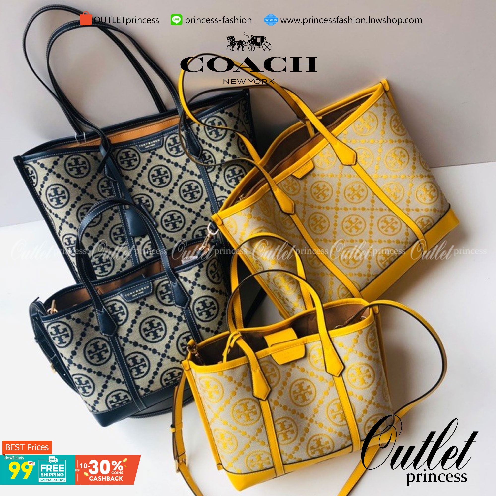 TORY BURCH T MONOGRAM TRIPLE - COMPARTMENT TOTE กระเป๋า/สะพายไหล่ทรง SHOPPING BAG วัสดุผ้าผ้าแคสวาสปักลายสัญลักษณ์แบรนด์ ตั้งอยู่ทรง สวยหรู ดูแพง จุของได้เยอะมาก ภายในแยกเป็น 2 ช่องหลัก 1 ช่องซิปตรงกลาง แบ่งเป็นสัดส่วนใช้งาน