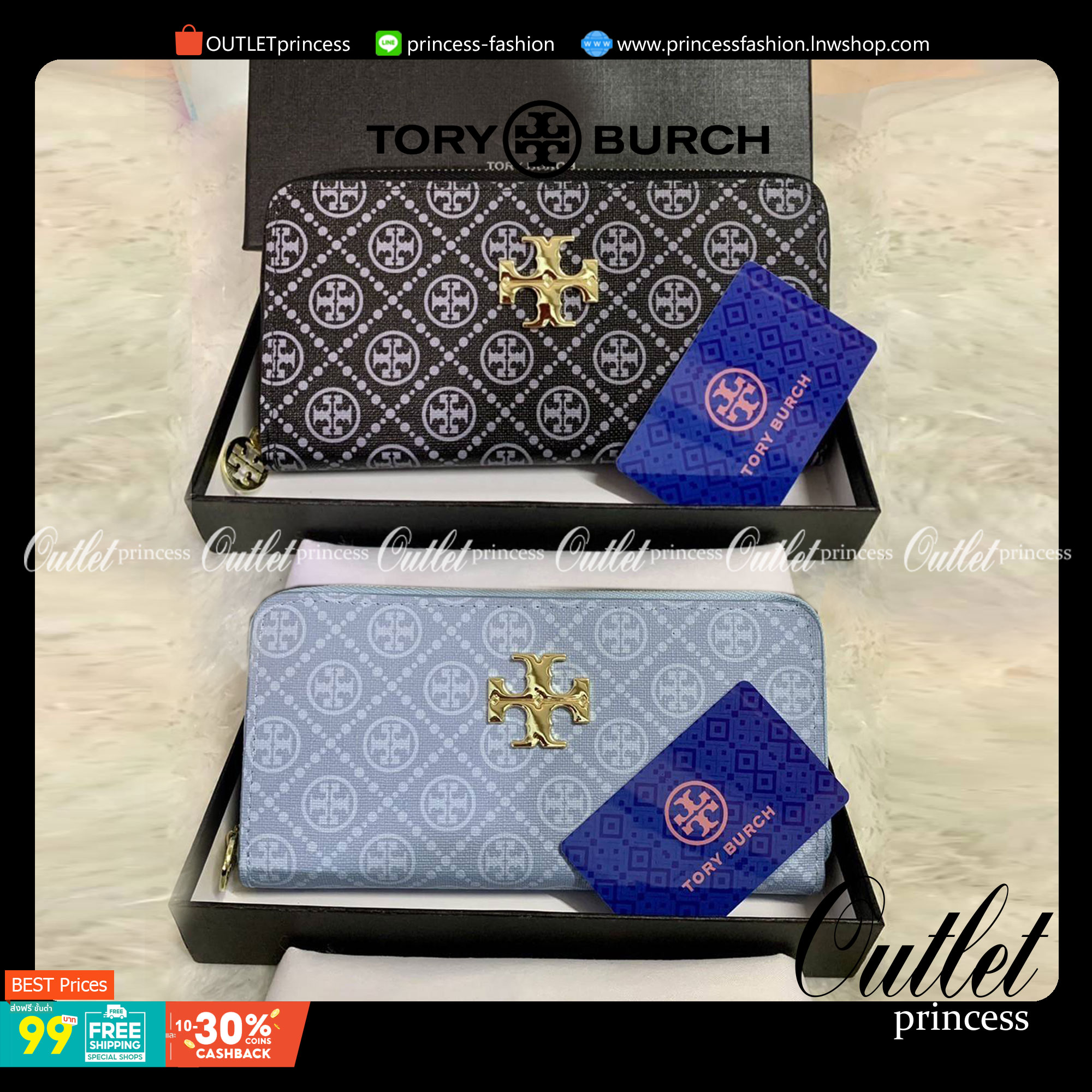กระเป๋าสตางค์ใบยาว TORY BURCH : Monogram Pattern วัสดุหนังแกะสังเคราะห์ลงเคลือบเพิ่มความเงาอีกชั้น อะไหล่สีทอง **แบบซิปรอบ เปิด - ปิด กระเป๋าด้วยซิปรอบ ด้านในแบ่งออกเป็น 3 Patation ตรงกลางเป็นซิปยาว มีช่องใส่บัตรได้ 8 ใบ หนังเงาสวย จับถนัดมือ พร้อมส่งให้ส