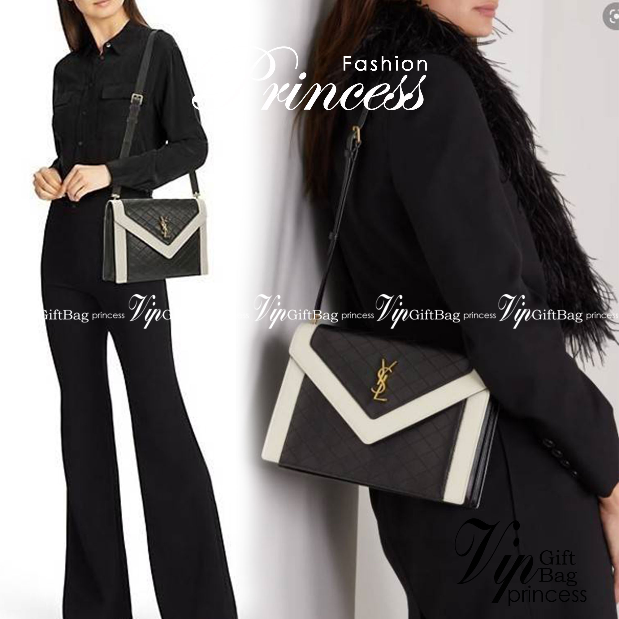 VIP SAINT LAURENT GABY SATCHEL BLACK / YSL GABY กระเป๋าสะพายดีไซน์เกร๋ รูปทรงแบบซองจดหมาย หนังลายตาราง น้องใหม่จากSaint Laurent Gaby Satchel วัสุดหนังลูกแกะแบบควิลท์ (หนังแกะสังเคราะห์) งานสไตล์วินเทจ แต่งขอบสีขาวตัดกับสีดำ ด้านหลังมีช่องสำหรับใส่ของได้ โ