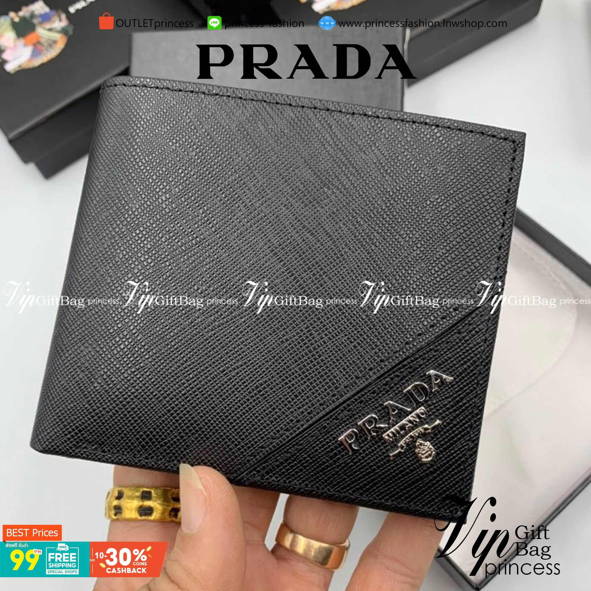 VIP หนังแท้ 】PRADA Saffiano Bifold Wallet logo plaque bi-fold men wallet