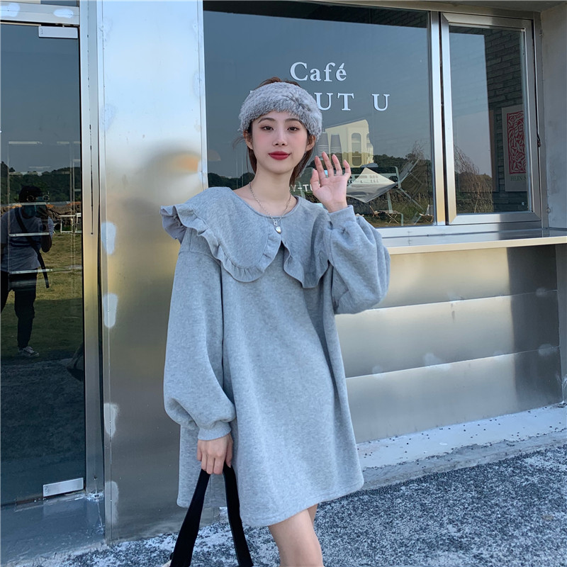 พร้อมส่ง 🥜 Cotton Sophia dress เดรสแขนยาวแต่งปกระบายสีเทา (IN31960)
