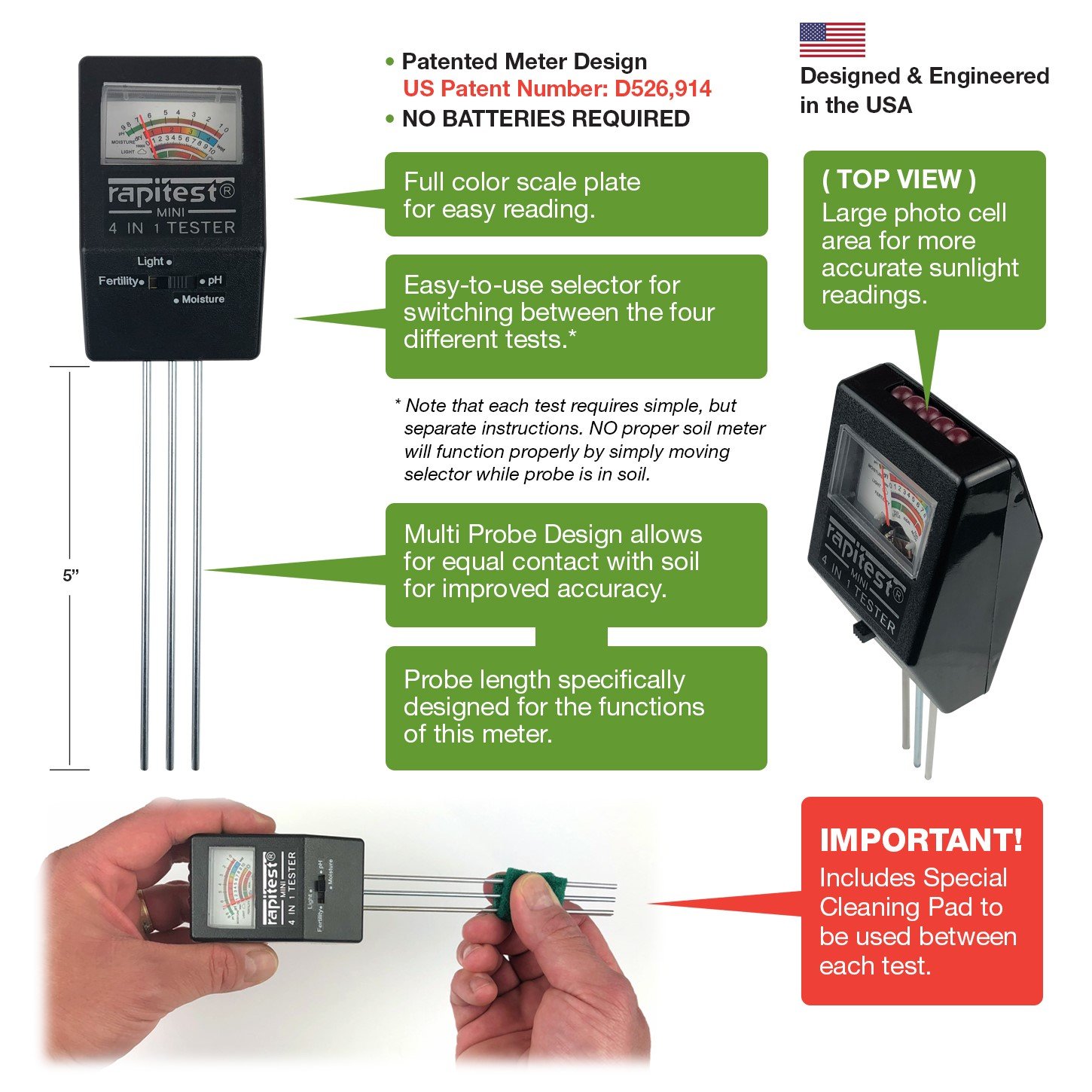 เครื่องวัดดิน 4in1 วัดปุ๋ยโดยรวมในดิน, pH ดิน, ความชื้นดิน, ค่าแสง รุ่น Rapitest 1818 ฟรี กระดาษ Indicator