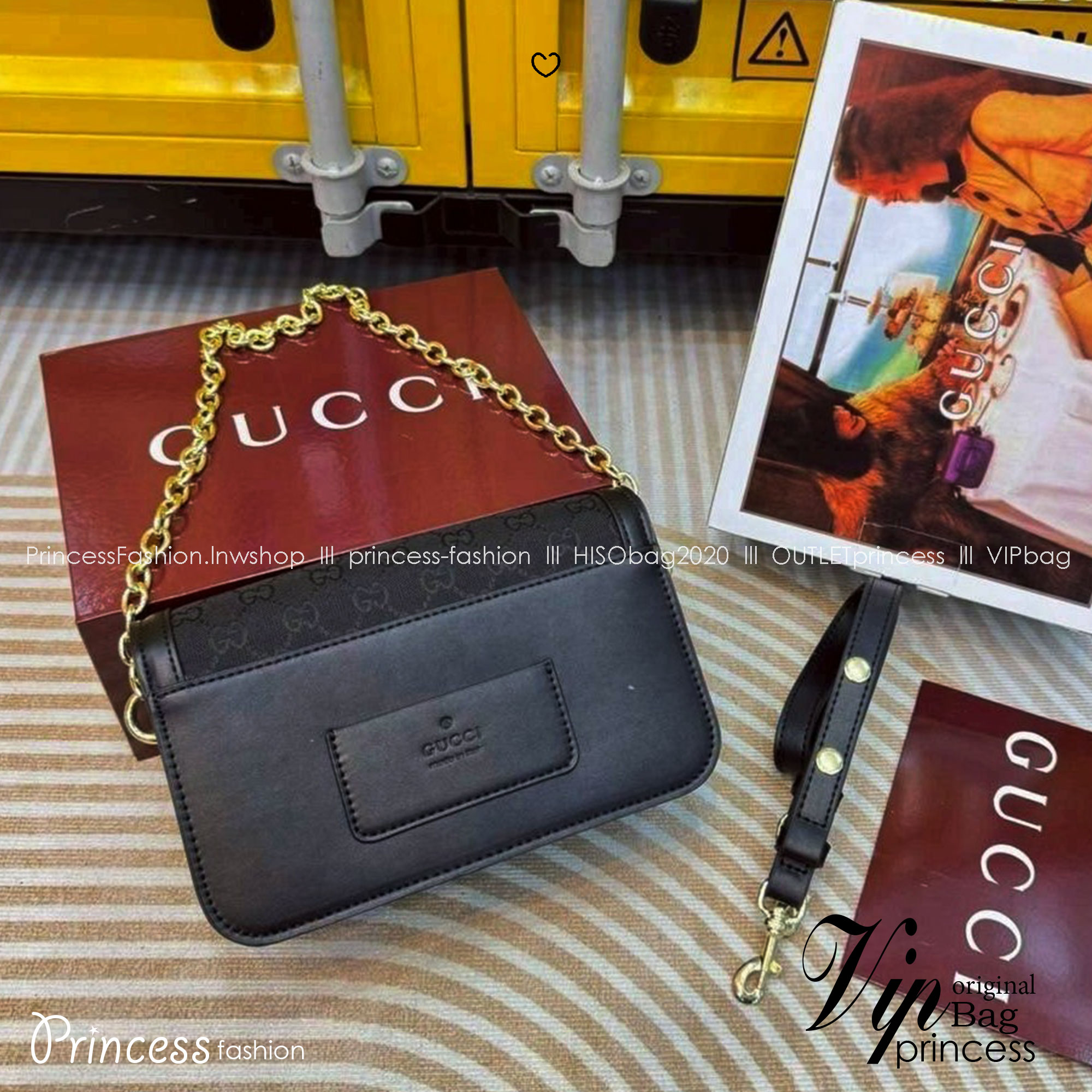 GUCCI Go small shoulder bag กระเป๋าสะพายไหล่ใหม่ล่าสุด พร้อมสาย 2 เส้น สายโซ่และสายหนังถอดได้ ทรงคลาสสิคสวยผู้ดี ตัวกระเป๋าเป็นงานผ้าทอลายโลโก้