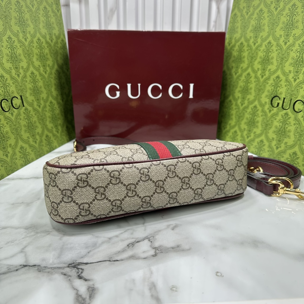 10" ORI หนังแท้ | Gucci Ophidia small shoulder bag GG Monogram Double G / Gucci Hobo Bag กระเป๋าสะพายทรงโฮโบขนาดเล็ก