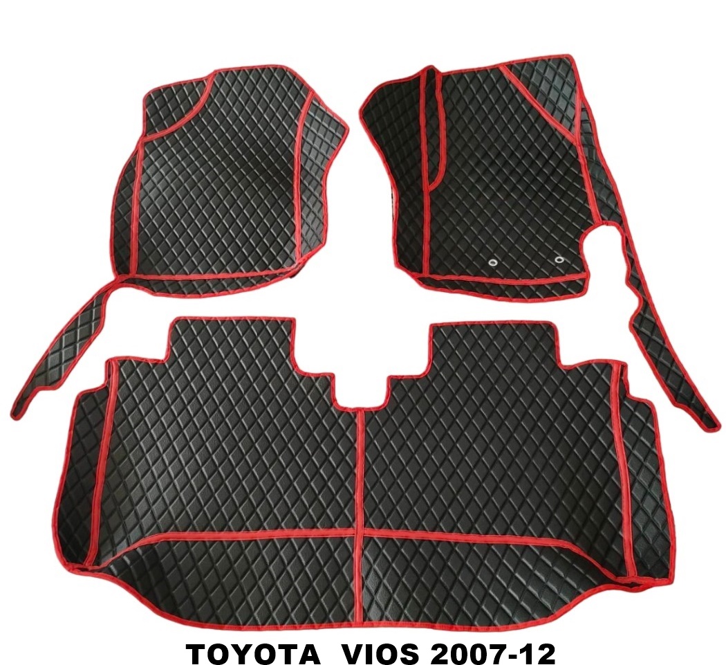 พรมปูพื้นรถยนต์ TOYOTA VIOS ปี2007-2012 พรมลายไดมอนด์ สีดำขอบแดง เต็มคัน (พร้อมส่ง)
