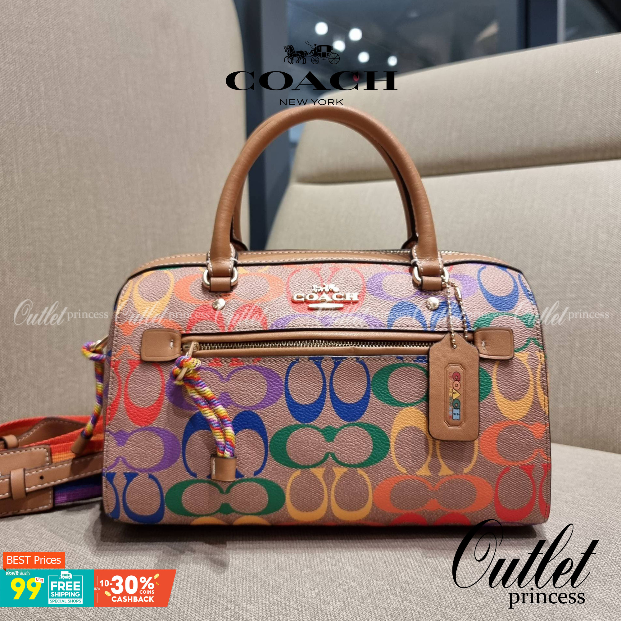 COACH C4396 ROWAN SATCHEL IN RAINBOW SIGNATURE CANVAS กระเป๋าทรงหมอนยอดฮิต คอลเลคชั่นที่สวยโดดเด่น ด้วยดีไซน์เรนโบว์ สดใส!! รูปทรงสวยงาม คลาสสิค และใช้งานได้อย่างกระฉับกระเฉง วัสดุหนังแคนวาสเคลือบลาย ทนทาน ภายในโล่งกว้าง มีช่องซิปและแบ่งสัดส่วนได้ลงตัว บอ