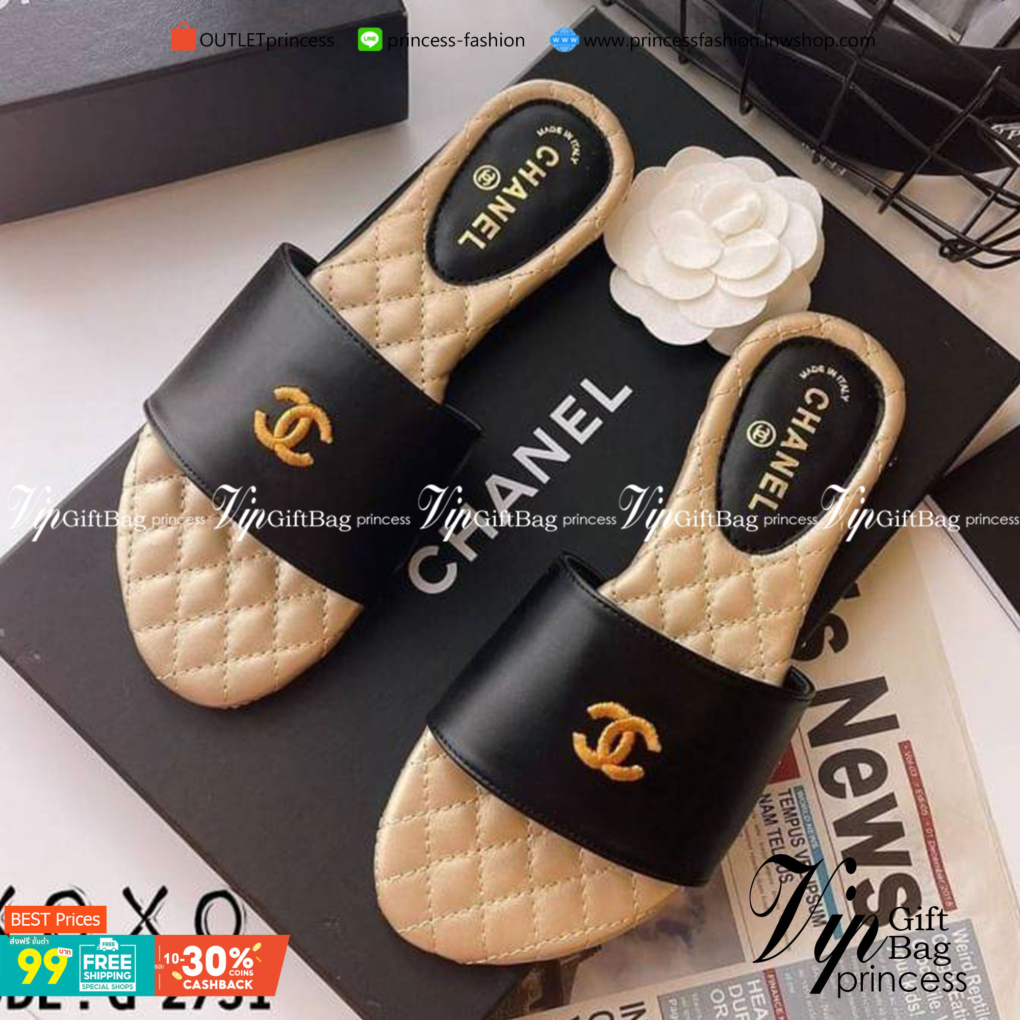 CHANEL SANDALS แตะสวม สวย เรียบ หรู งานชิค แมทส์ชุดง่าย น้ำหนักเบา วัสดุหนัง PU ปักเดินด้ายโลโก้แบรนด์ พื้นงานเย็บตาราง