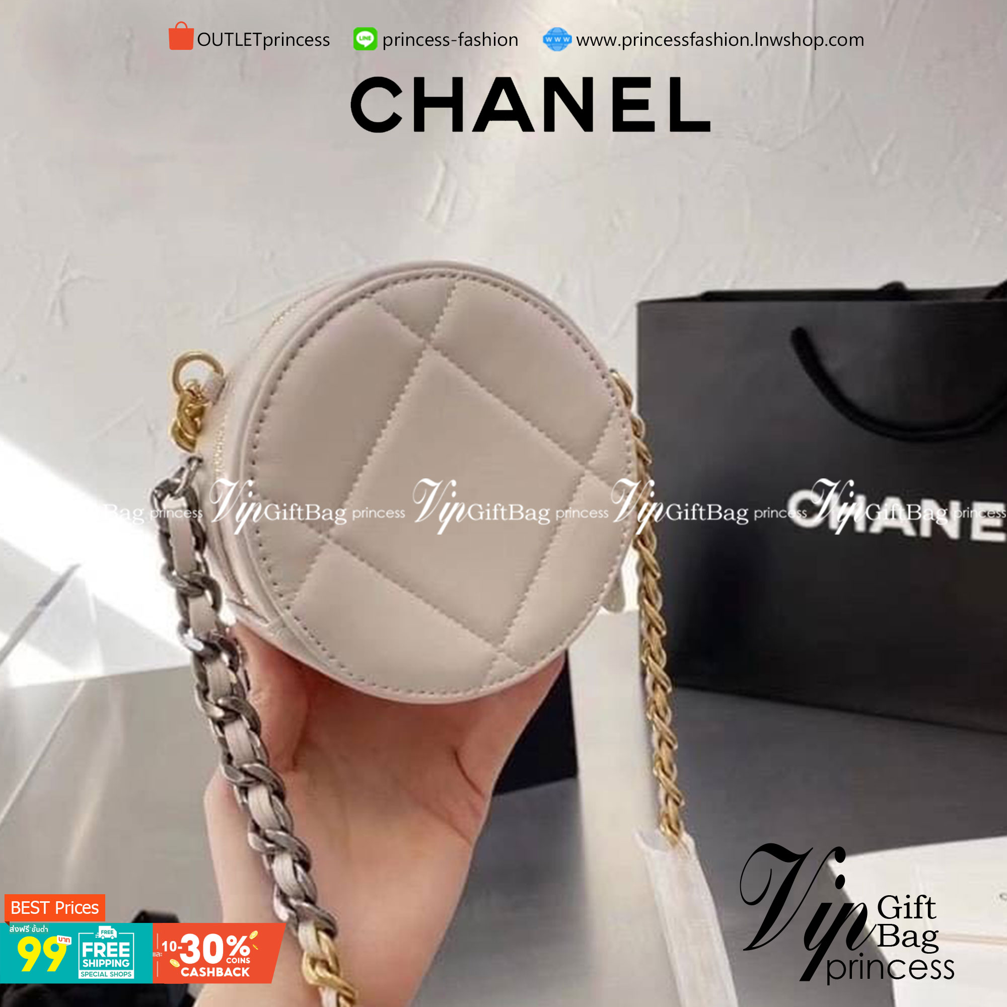 CHANEL Goatskin round quilted rhombic chain crossbody bag กระเป๋าสะพายทรงกลม งานหนังสวยมาก สายโซ่ทองรมควันสลับเงินเพิ่มความหรูหรา เป็นรุ่นตามหาที่ลูกค้าสอบถามเข้ามาเยอะมาก สินค้าเข้าแล้วน้า พร้อมส่งความสวยแล้วค่าา พร้อมส่ง 4 สี ดำ ขาว เบจ ชมพู