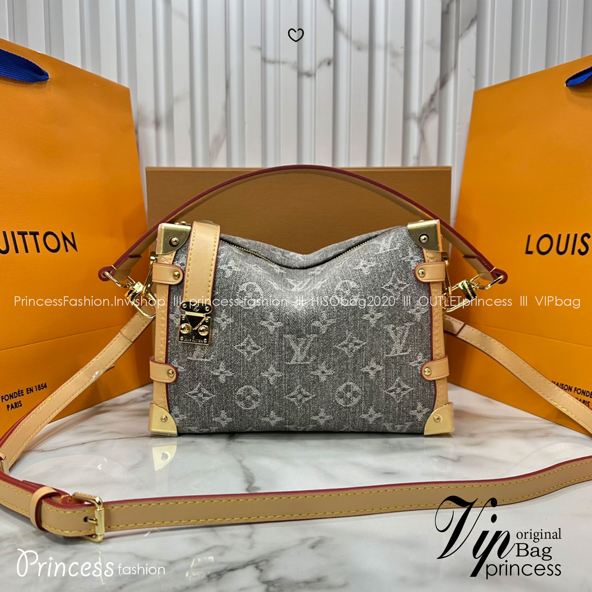 ORI หนังแท้ | LV Side Trunk MM Trianon Gray กระเป๋าสะพายทรงทรัรงค์ ด้วยโทนสีสไตล์ปารีเซียงอันหรูหราและรายละเอียดโทนสีทอง