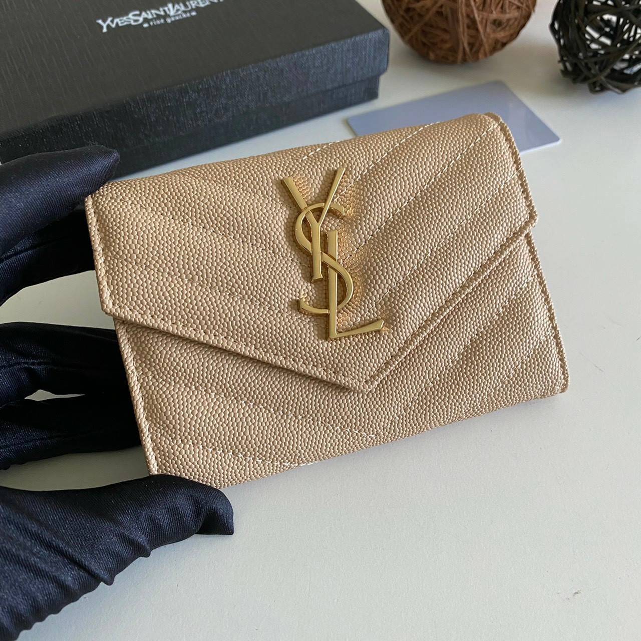 หนังแท้ 12cm YSL SAINT LAURENT GARD HOLDER Small Envelope Monogram Wallet