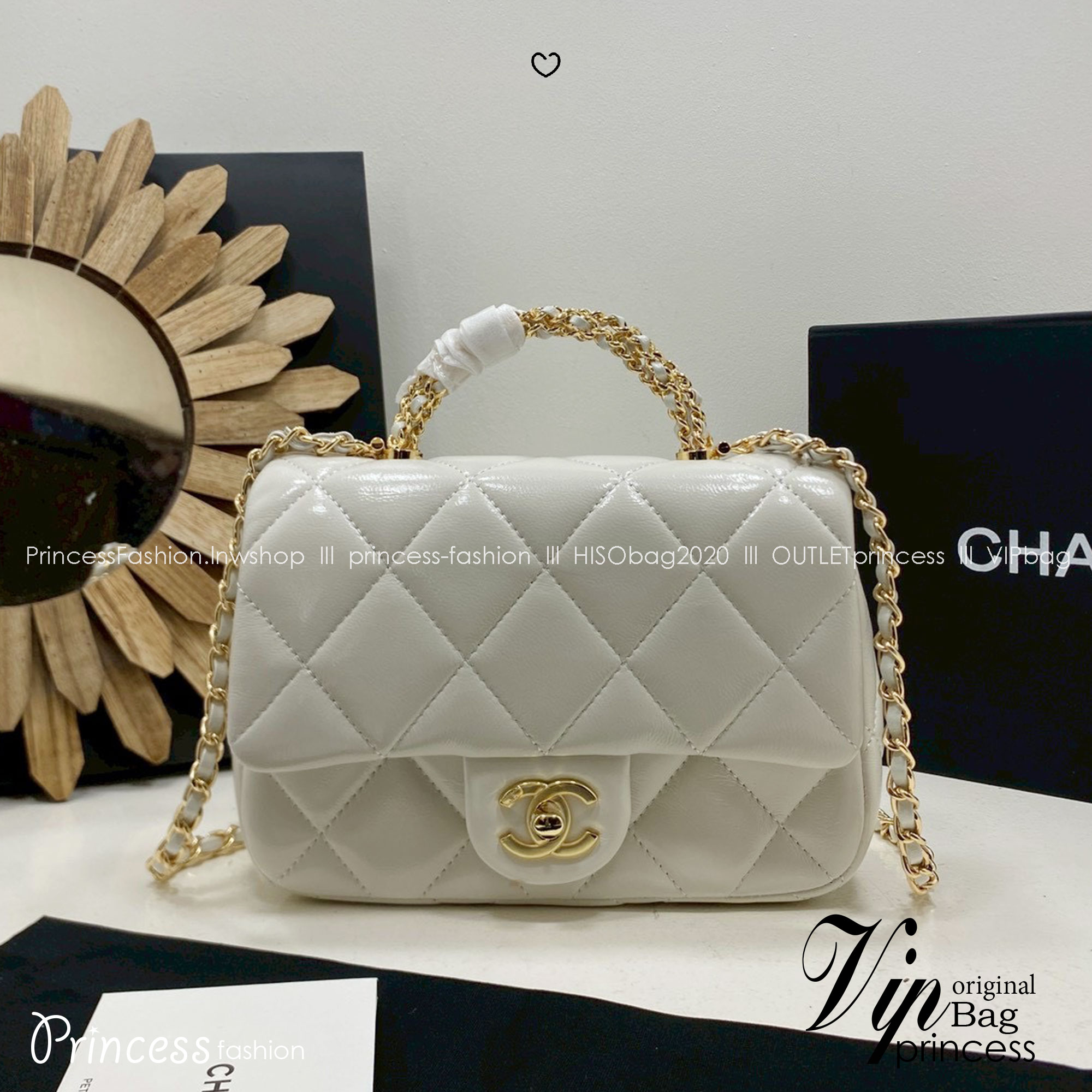 ORI หนังแท้ | Chanel Small Flap Bag with Top Handle 20cm กระเป๋าสะพายดีไซน์คลาสสิก หูจับแต่งโซ่สีทองหรูหรา เรียบหรูดูแพง