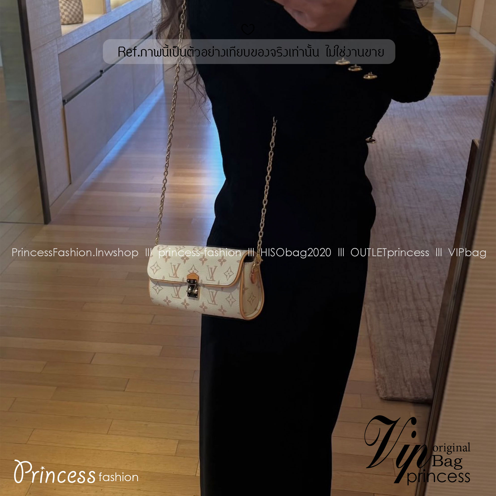 ORI หนังแท้ | LV Pochette Camille bag Monogram Dune Canvas กระเป๋าสะพายทรงพอส สายโซ่สีทองสวยงามหรูหรา ตกแต่งตัวล็อกแบบ S lock สีทองเข้ากันลงตัวกับสายโซ่ถอดได้