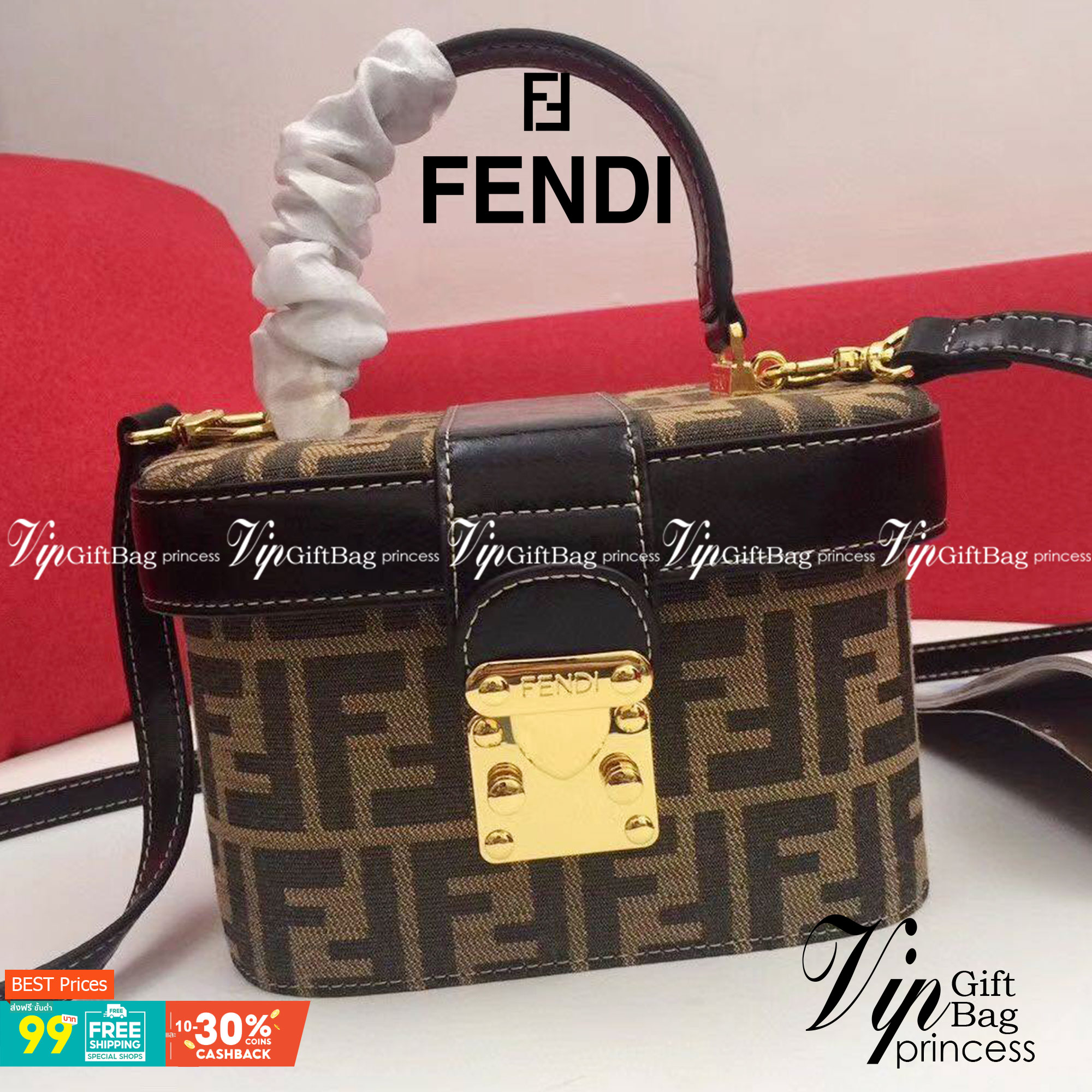 หนังแท้ Fendi Brown Zucca Vanity Bag