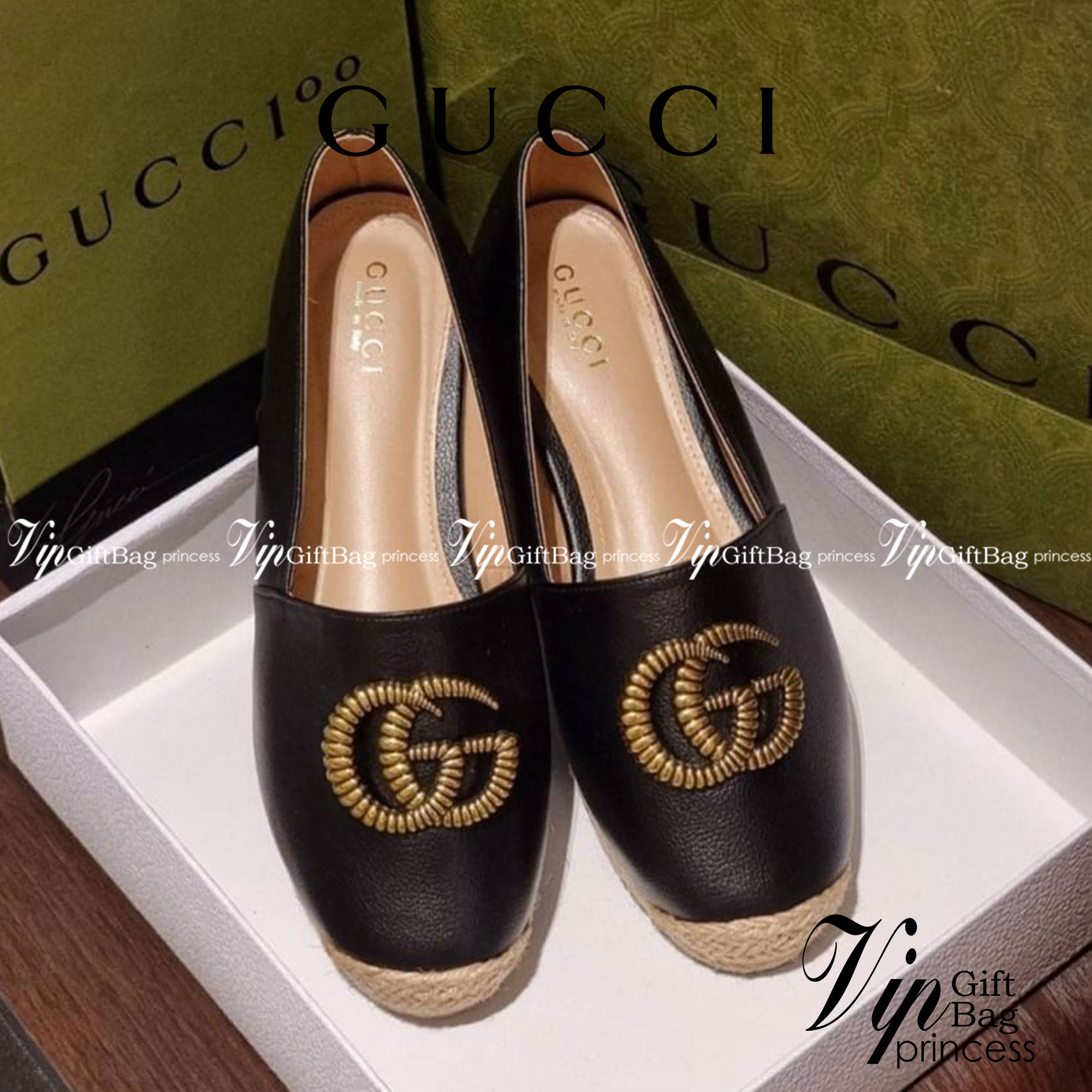 Gucci คัชชู หน้ายู ใส่สบาย น้ำหนักเบา วัสดุหนัง PU ด้านบนติดโลโก้แบรนด์ สวย หรู ดูแพงเกินราคาขาย