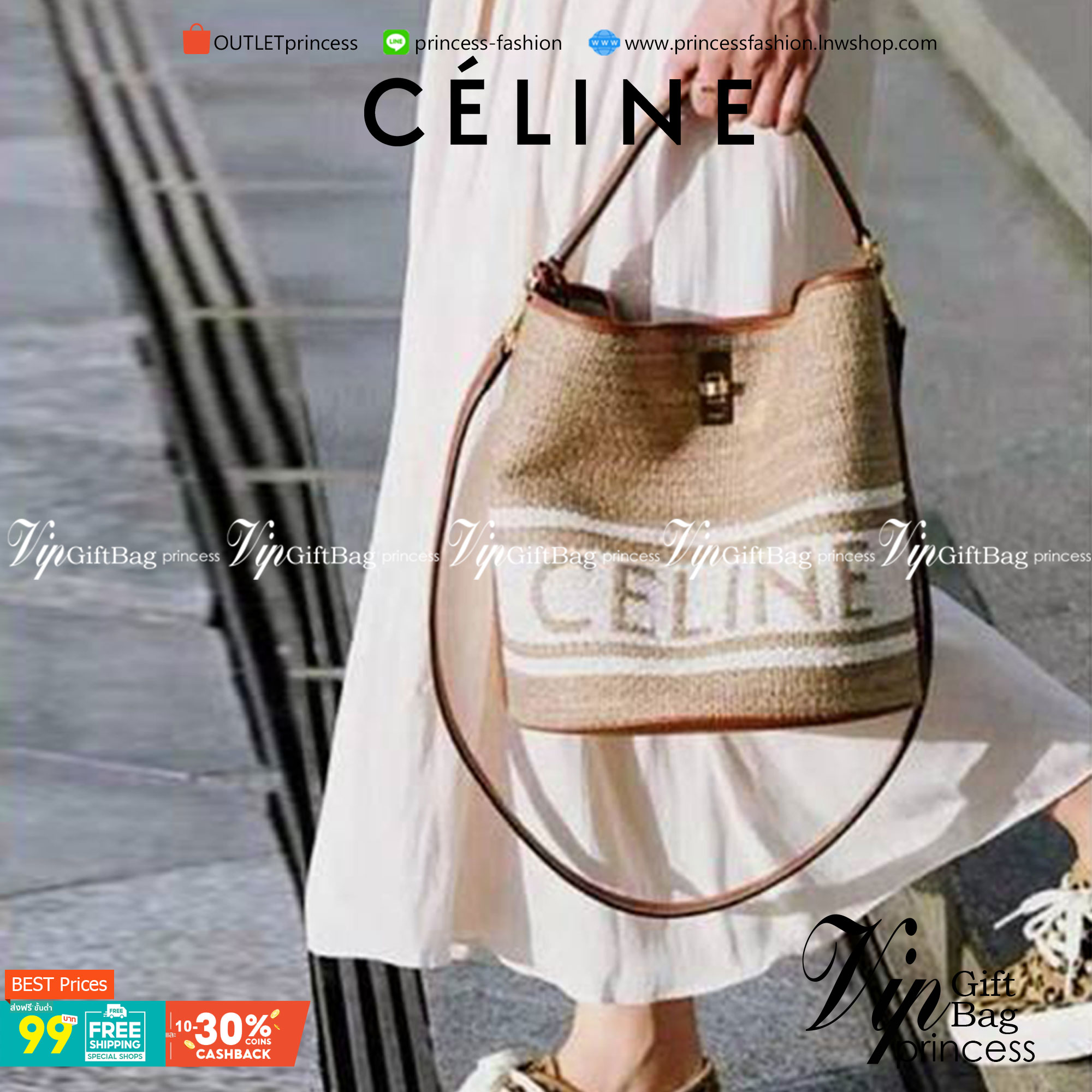 Celine Bucket Bag In Textile with Celine Logo สาว ๆ คนไหนกำลังมองหากระเป๋าสะพายที่สามารถจุของได้แบบกำลังพอดี เราขอแนะนำเป็นใบนี้เลยค่ะ เพราะมีขนาดที่ไม่เล็กและไม่ใหญ่จนเกินไป ให้ความคล่องตัวสูง มีฐานกว้างสามารถใช้สะพายไหล่เมื่อต้องการออกงานทางการหรือจะสะพ