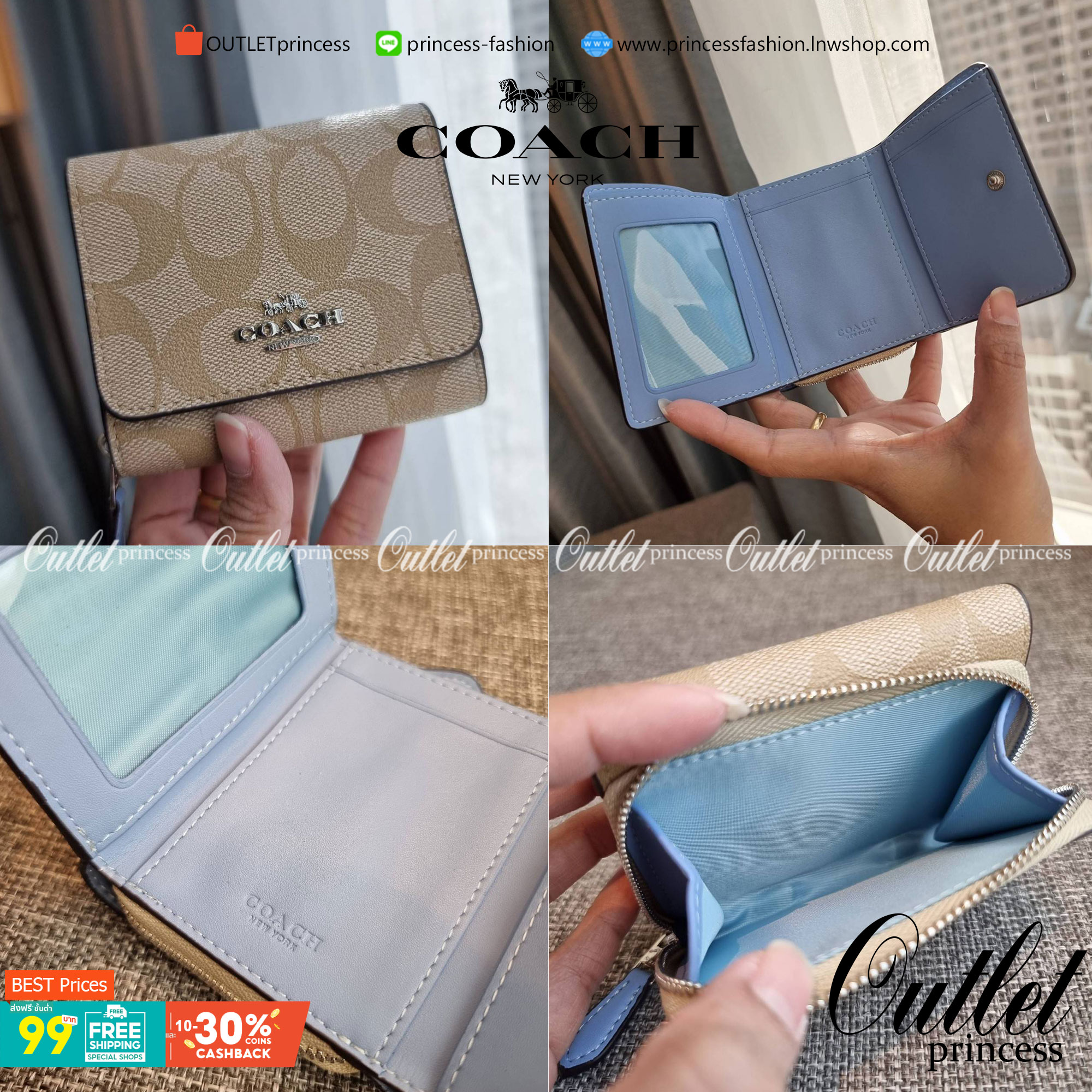 OUTLET 】COACH F41302 SMALL TRIFOLD WALLET IN SIGNATURE CANVAS สวยคลาสสิค พกพาง่าย ใบเล็กน่ารักน่าใช้ ต้องยกให้ใบนี้จ้า 💗💋 ตอบโจทย์คนชอบพกน้อยที่สุด!! กระเป๋าสตางค์ใบสั้นหนังแคนวาสเคลือบคุณภาพดี ภายในเป็นหนังแท้ ใส่บัตร ใส่ธนบัตรได้ทุกชนิด 