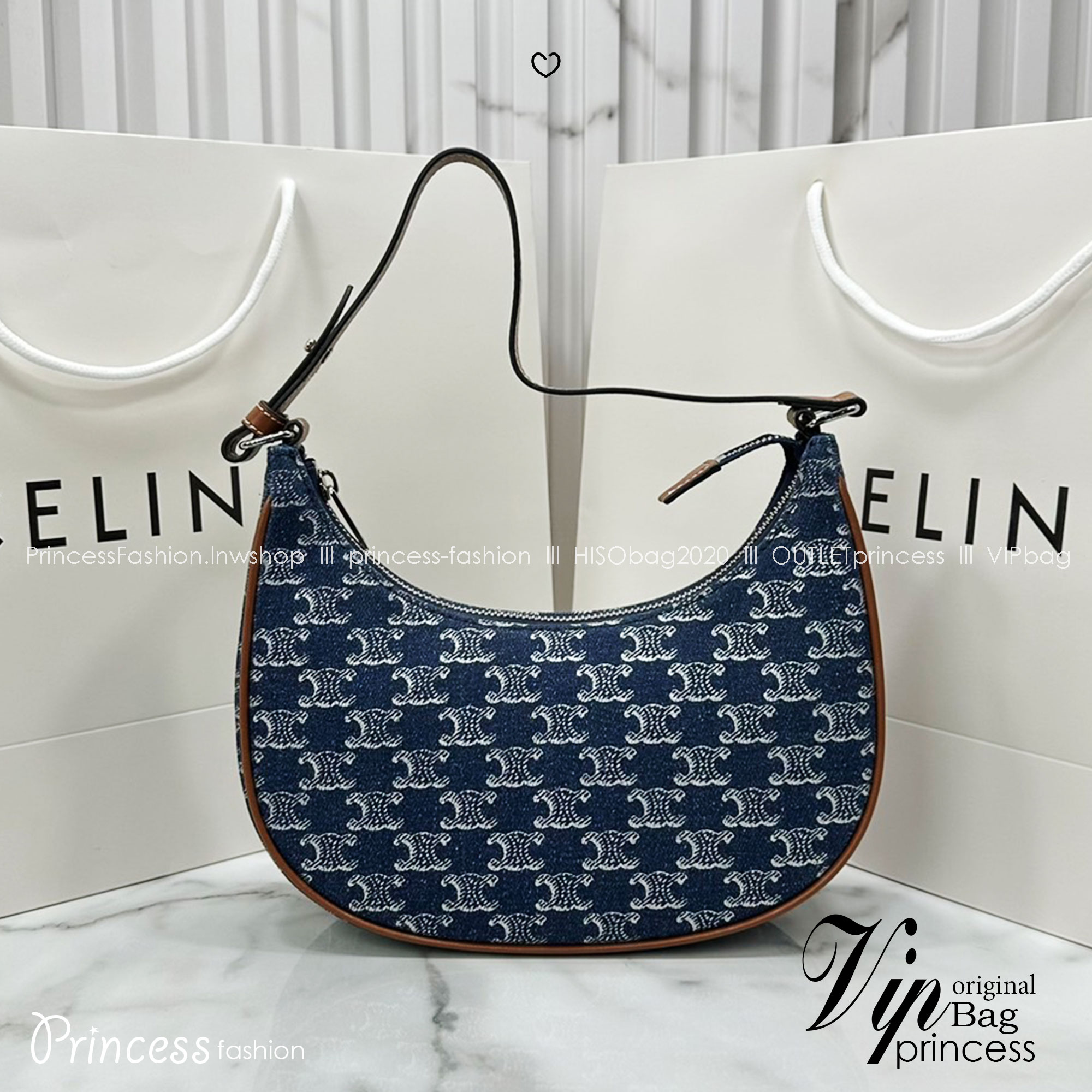 CELINE Ava Bag in DENIM WITH TRIOMPHE ALL-OVER กระเป๋าเอวาสะพายไหล่งานเดนิม เกรดออริ 1:1 ใช้งานต่างประเทศได้