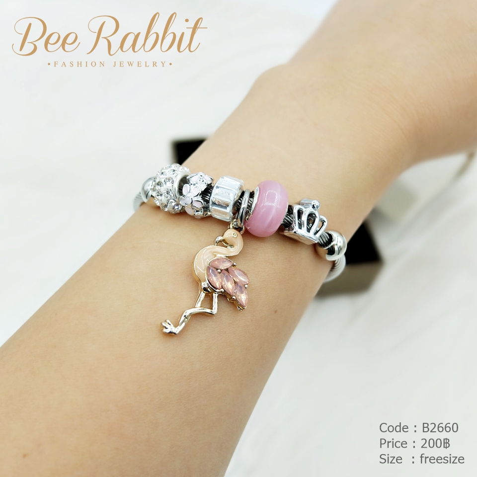 กำไลข้อมือห้อยชาร์มคริสตัล จี้รูปหงส์สีชมพู