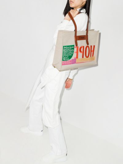 Large: CHLOÉ Woody large leather-trimmed cotton-canvas tote corita kent tote 14” canvas