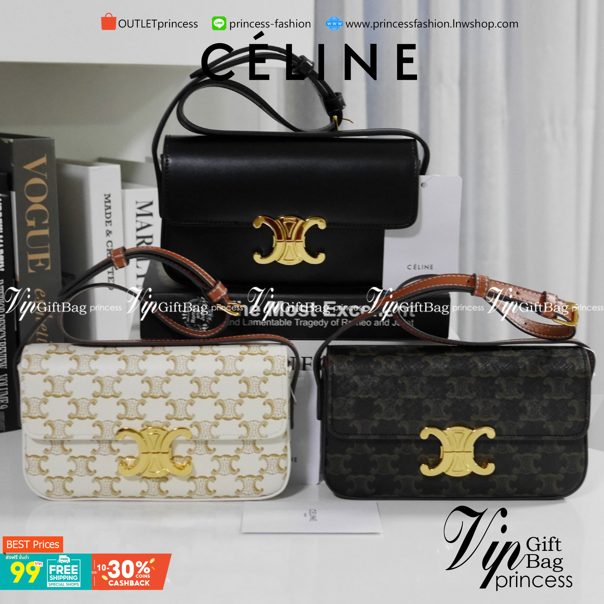 พร้อมส่งที่ไทยแล้วกับ CELINE TRIOMPHE SHOULDER BAG หนังทั้งใบลายสวยหรู ด้านในเปิดด้วยด้วยที่บีบโลโก้อะไหล่ทอง จุของได้กำลังดี ใส่โทรศัพท์ กระเป๋าสตางค์ใบสั้น ของจุกจิกได้ เหมาะกับสาวๆในวัน
