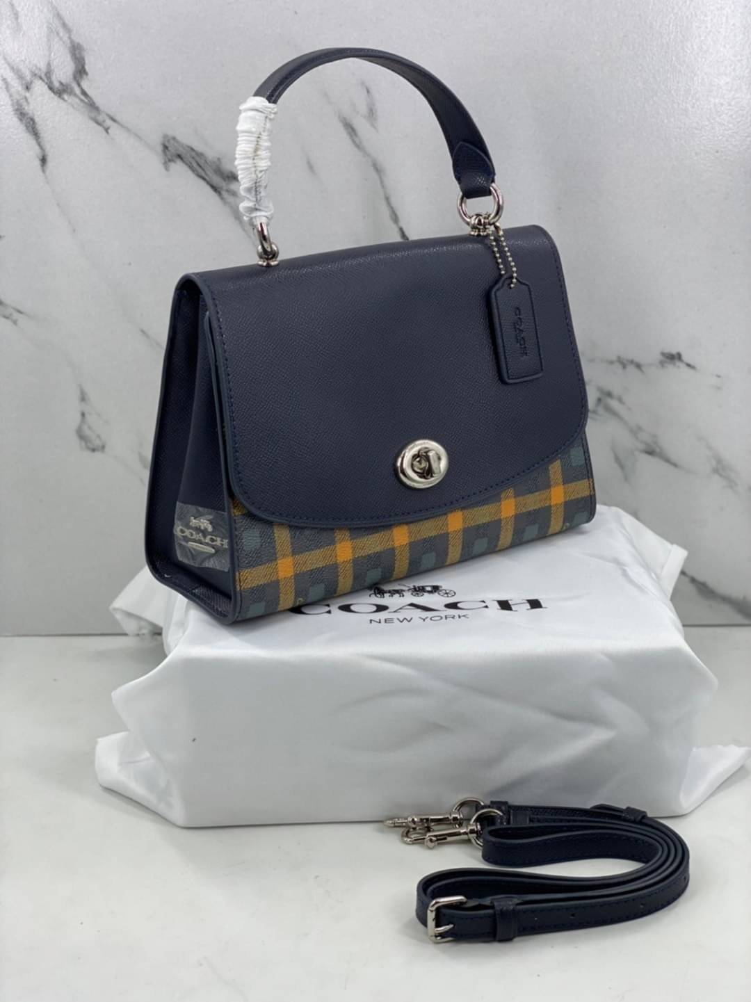 COACH TILLY TOP HANDLE SATCHEL WITH GINGHAM PRINT (COACH F76615) BROWN PINK MULTI/GOLD