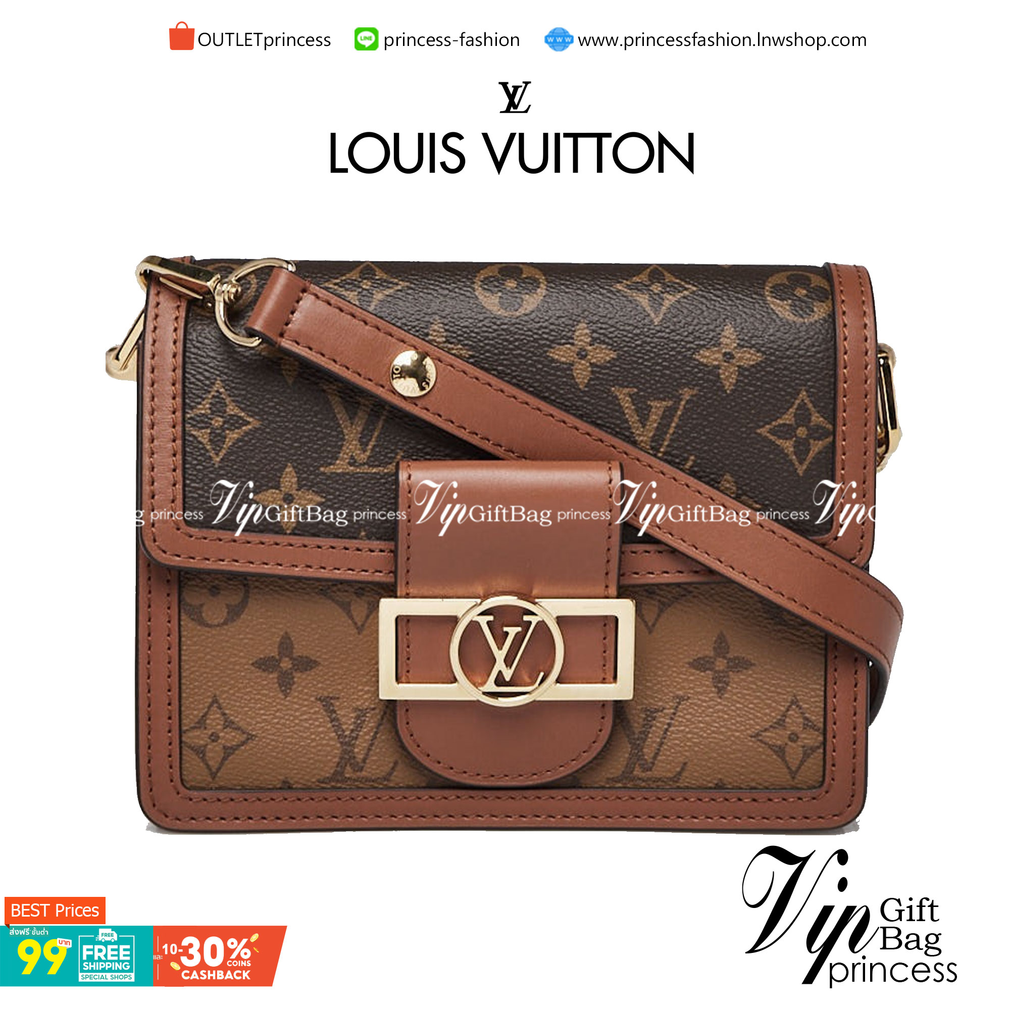 VIP GIFT 】หนังแท้ LOUIS VUITTON DAUPHINE MINI LEATHER HANDBAG - BROWN 20cm