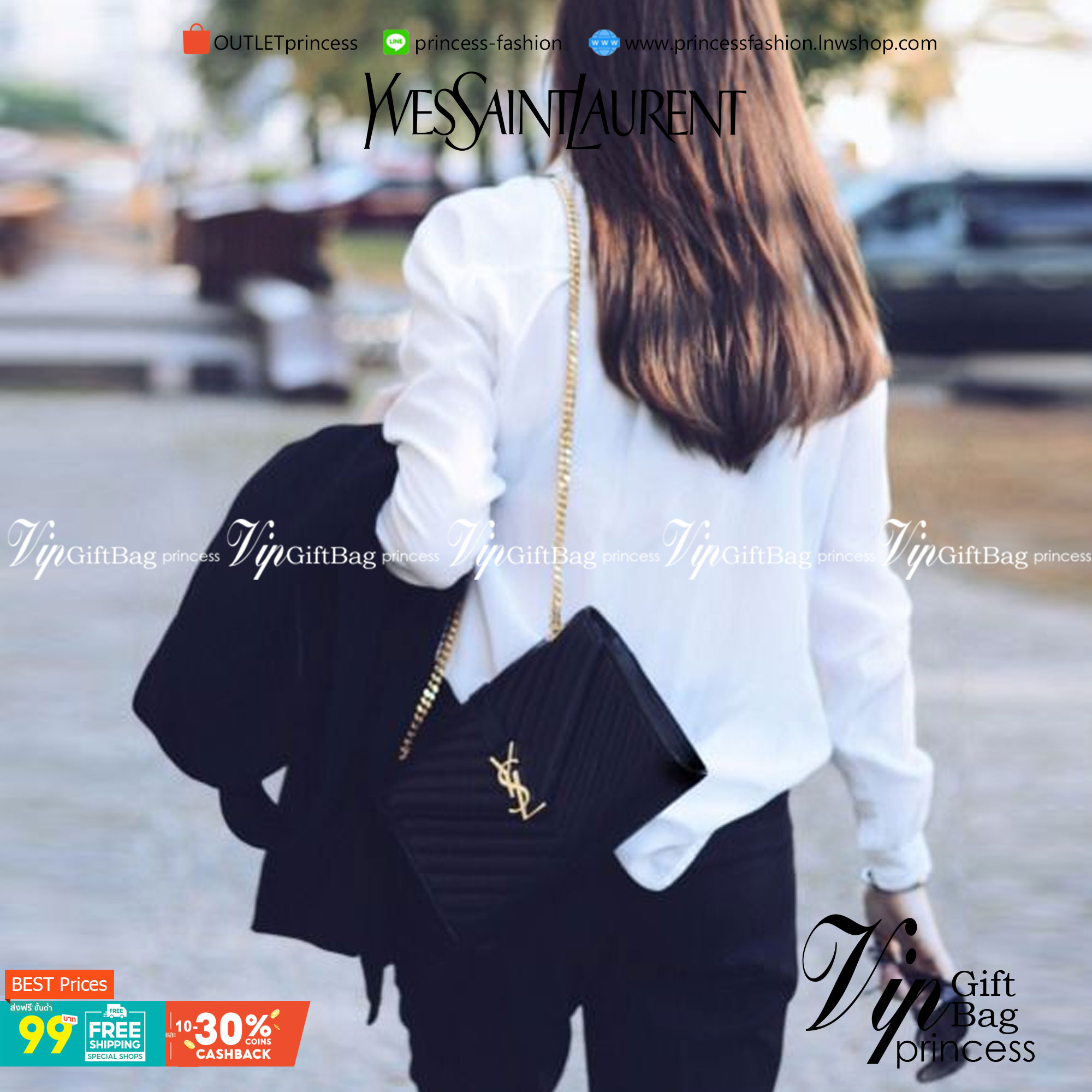 VIP GIFT 】หนังแท้ YSL WOC 9" Saint Laurent Chain Wallet Envelope Woc Monogram Black Leather Cross Body Bag กระเป๋าเงิน wallet on chain ที่มาพร้อมสายสะพายแบบโซ่ ขนาด 9” หนังวัวติดโลโก้ YSL มีทั้งอะไหล่เงิน ทอง และดำ ด้านในมีช่องซิป และช่องใส่การ์ด เรี