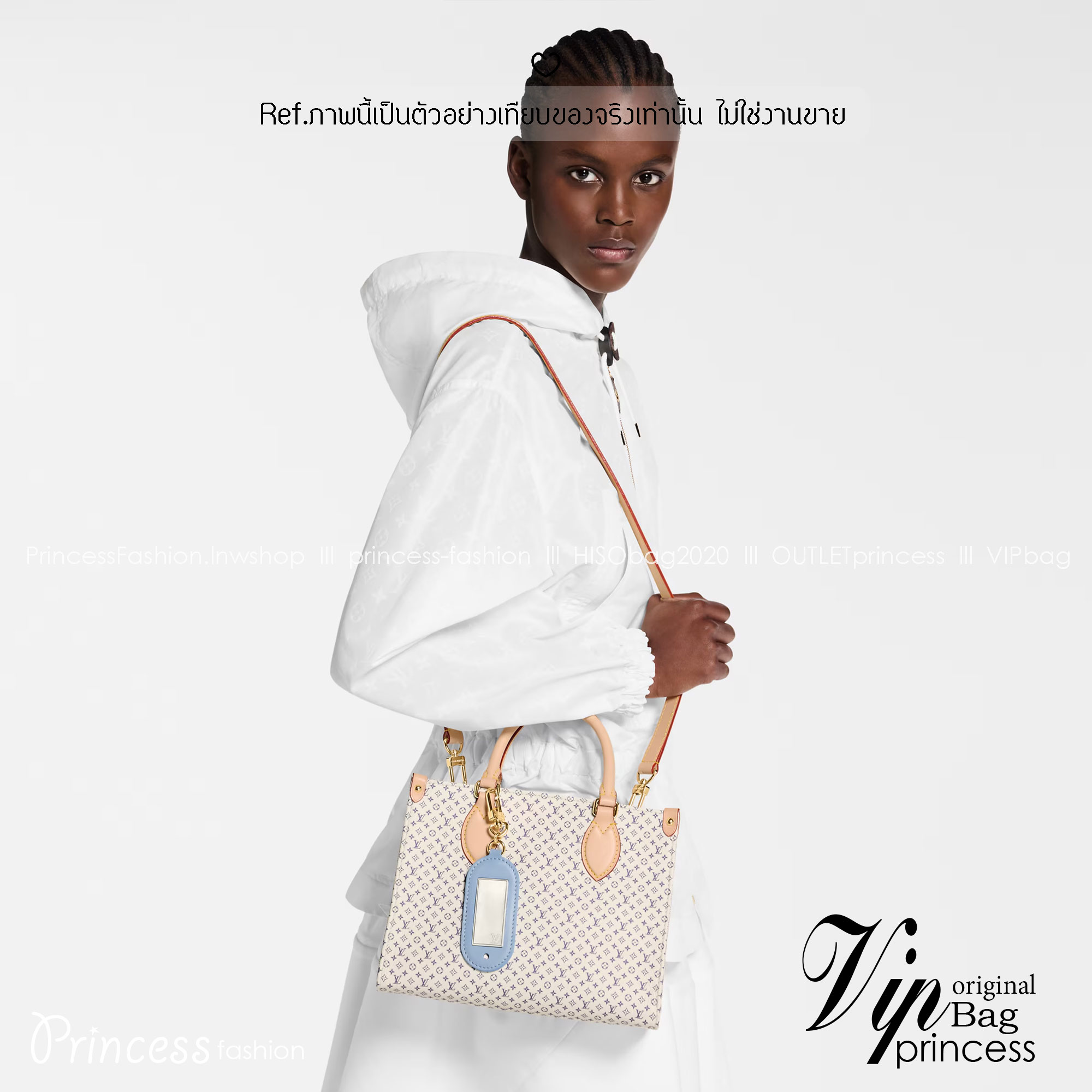 TOP ORI หนังแท้ | LV OnTheGo PM bag Azure Blue/Sand Beige กระเป๋าสะพายทรงโท้ท ในคอลเลกชัน LV Romance หนังแท้หรูหราประดับชาร์มแท็กกระเป๋าเดินทางมีชีวิตชีวา