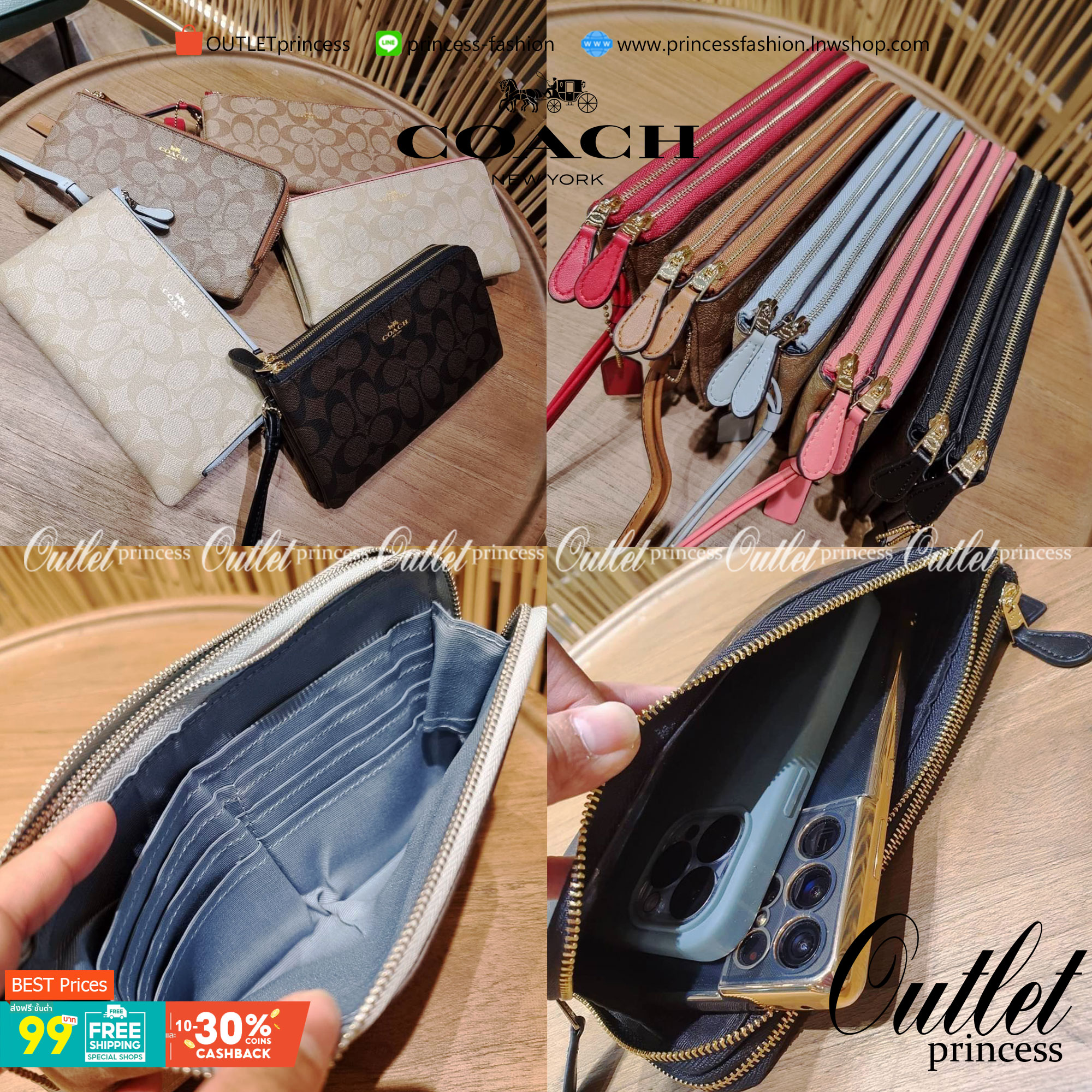 COACH F54057 DOUBLE ZIP WALLET IN SIGNATURE กระเป๋าคล้องมือ size L ใบนี้ใส่มือถือได้ทุกรุ่น ขนาดกำลังดี พกพาสะดวกมากๆ วัสดุหนังสังเคราะห์ ภายในเป็นผ้าสีสวยคม ใส่ธนบัตร ใส่บัตรได้เยอะ ใส่มือถือได้สบายๆทุกรุ่น ตอบโจทย์สาวๆที่ไม่ชอบพกเยอะวุ่นวายจ้า ใบนี้เอาอ