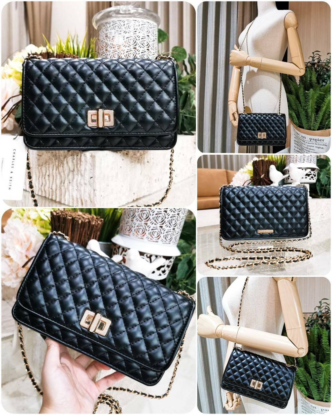 CHARLES & KIETH MINI CLUTCH BAG กระเป๋าสะพายทรงคลัชรุ่นยอดนิยมดีไซน์คลาสสิควัสดุหนังนิ่มลายตารางสวยอยู่ทรงขนาดมินิสไตล์ Chanel เปิดปิดด้วยตัวล๊อคแบบบิดอะไหล่ทอง ด้านหลังประดับโลโก้แบรนด์สวยดูดี มาพร้อมสายสะพายโซ่ร้อยหนัง Crossbody ได้สามารถซ้อนสายสะพายไหล