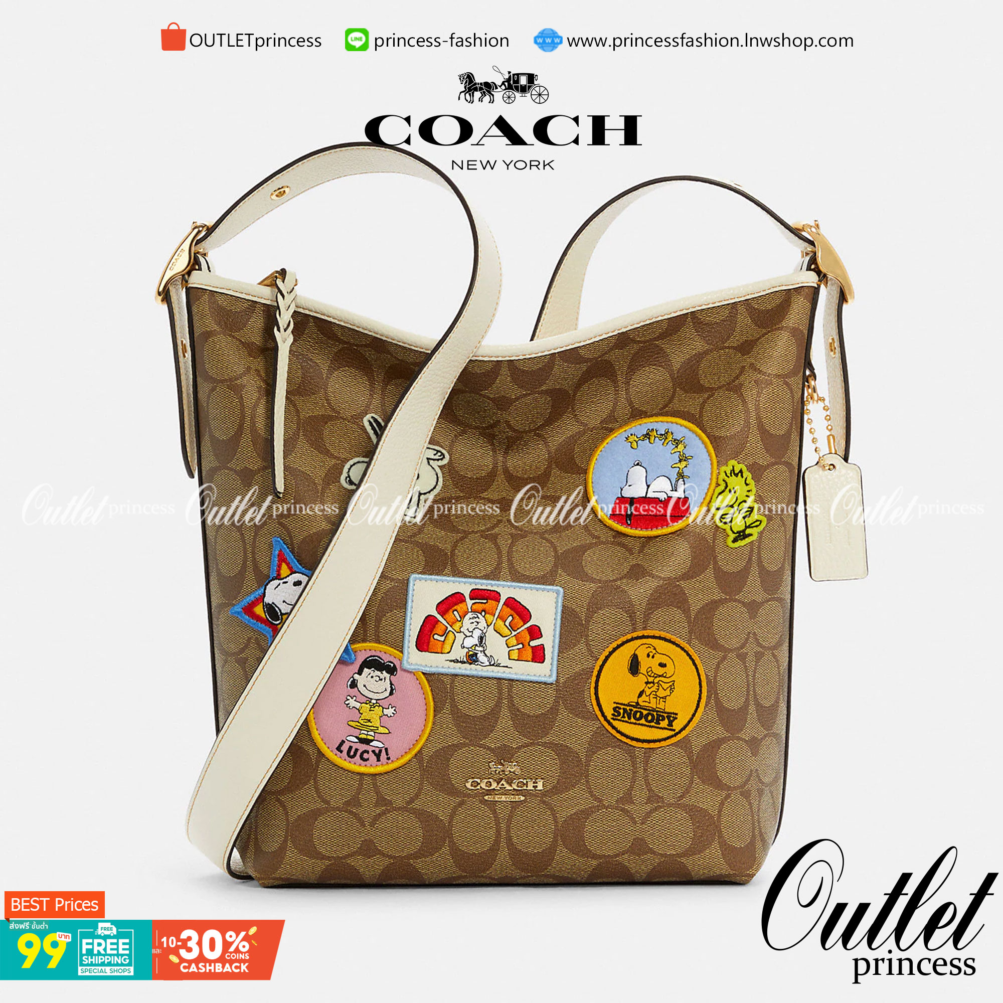 OUTLET 】COACH C4112 COACHxPEANUTS VAL DUFFLE IN SIGNATURE CANVAS WITH VARSITY PATCHES ใหม่ล่าสุด กระเป๋าทรงดัฟเฟิล ที่มาพร้อมเหล่าผองเพื่อนสนูปพี สวยมีเอกลักษณ์ ทรงกระเป๋าไม่ซ้ำใคร แถมยังใส่ของได้จุใจไปอีก วัสดุหนังแคนวาสคุณภาพดี ด้านหลังมีช่องซิป กระเป๋า