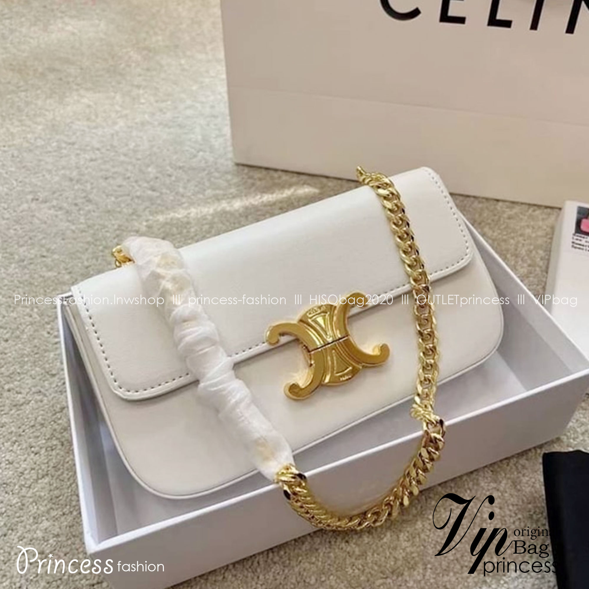 CELINE CHAIN SHOULDER BAG CLAUDE IN SHINY CALFSKIN / CELINE MINI TRIOMPHE BAG กระเป๋าสะพายกึ่งคลัทช์ สายโซ่สีทองสะพายไหล่ พกพาง่าย พร้อมเสิร์ฟครบ box set ในราคาสุดคุ้ม ของมันต้องมีน้า