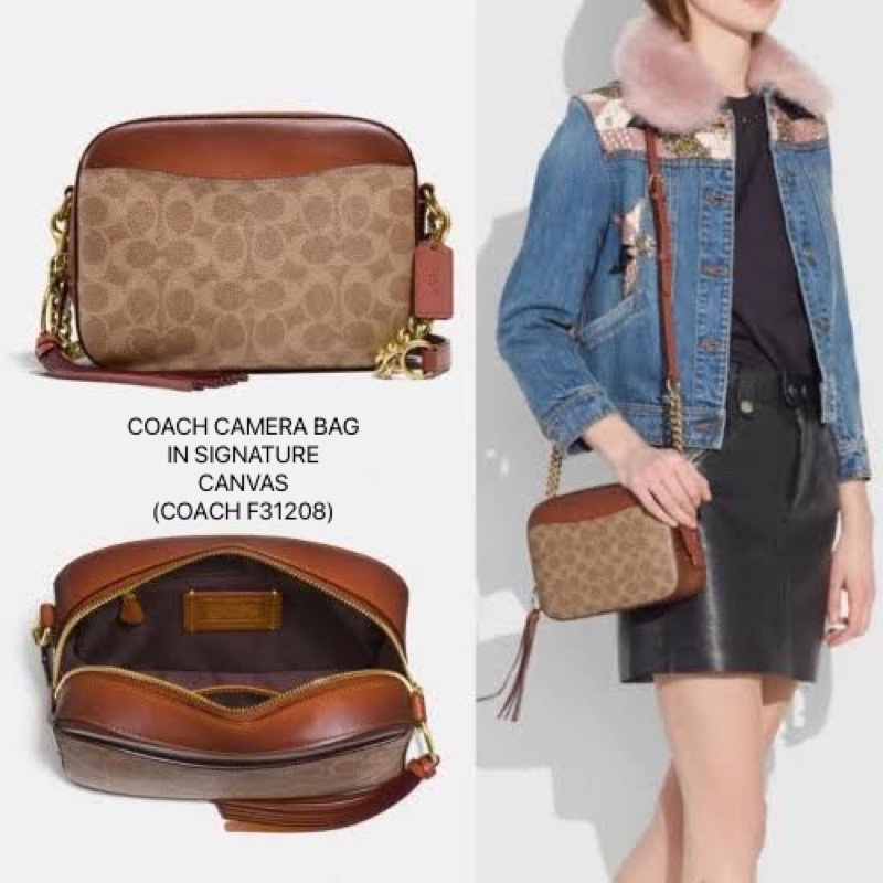 COACH 31208 CAMERA BAG IN SIGNATURE CANVAS รุ่นหายาก กระเป๋า crossbody ทรงกล่องสวยหรู ดีไซน์ลงตัว สีแทนรัสท์โดดเด่น วัสดุหนังแคนวาสเคลือบลาย ตัดด้วยอะไหล่ทองเหลือง สวยเข้ากันสุดๆ!! เปิด-ปิดกระเป๋าด้วยซิปพวงหนัง ภายในโล่งกว้าง ใส่ของสำคัญได้ครบ ใบนี้ใบเดีย