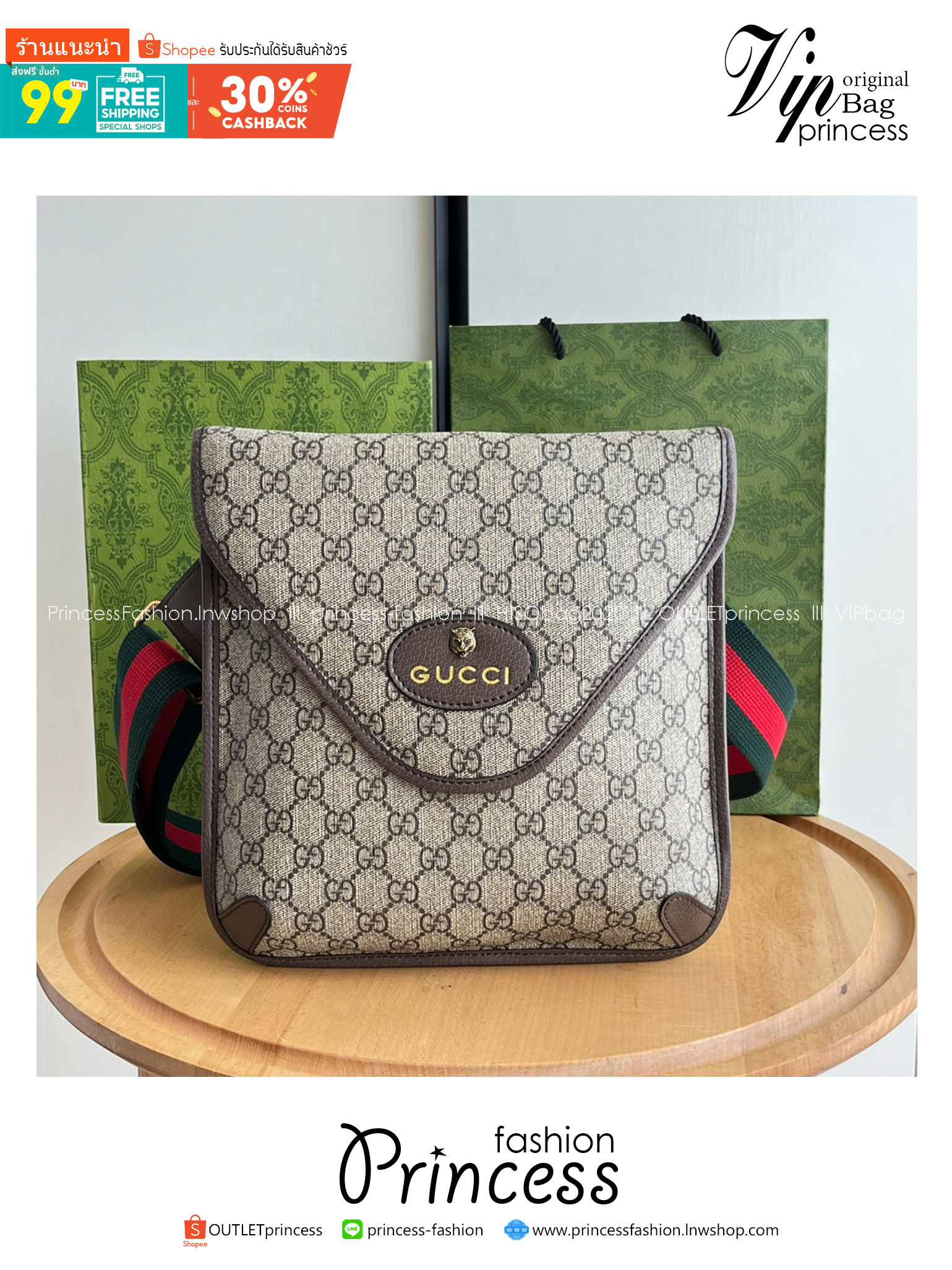 GUCCI Neo Vintage GG medium messenger bag กระเป๋าทรงแมสเซ็นเจอร์ สไตล์วินเทจตกแต่งหัวแมวสวยเด่นเป็นเอกลักษณ์ มาพร้อมสายสะพายสปอร์ตสีแดงสลับเขียวตามแบบฉบับแบรนด์ แคนวาสพิมพ์ลายคมชัด แนะนำค่ะ