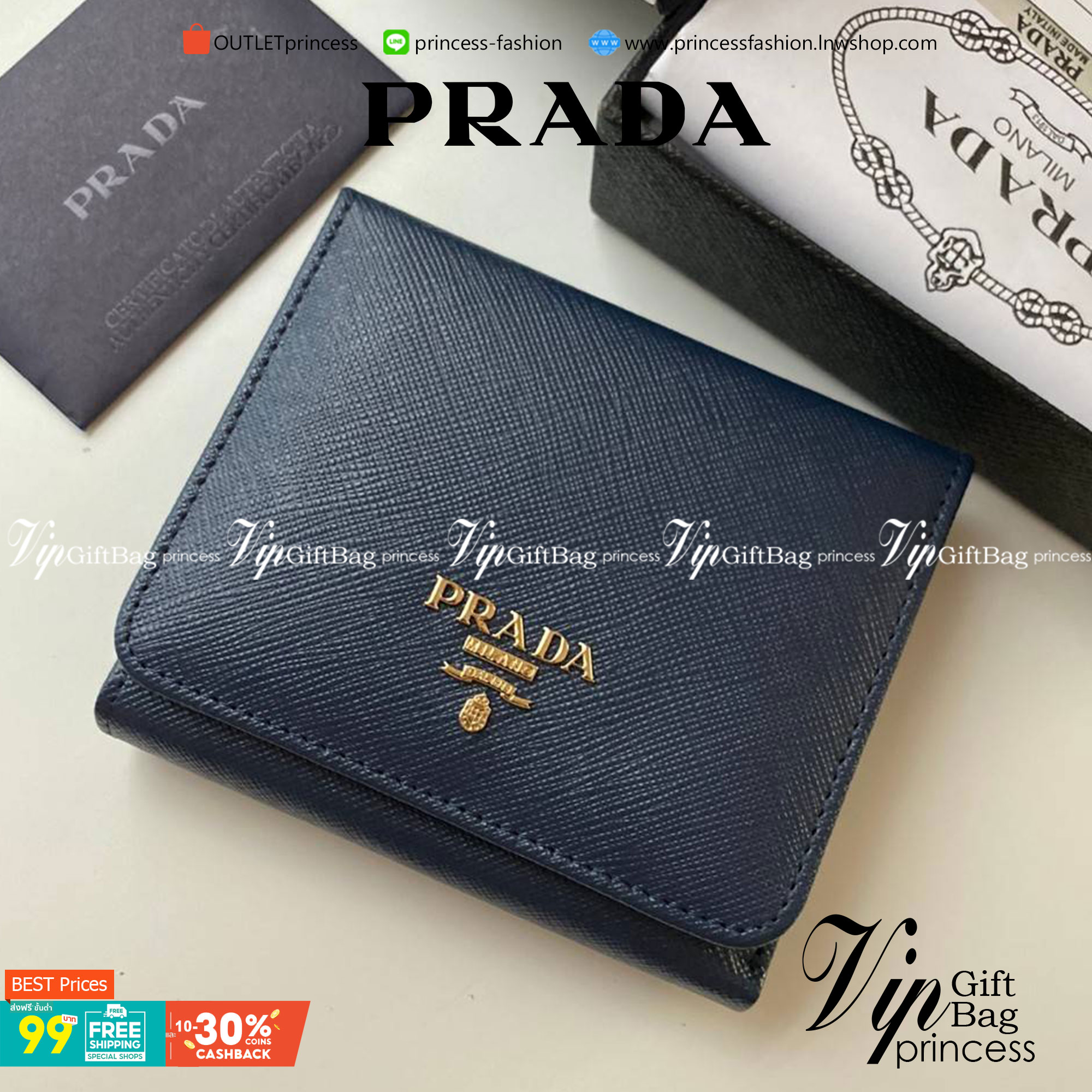 VIP หนังแท้ 】3พับ PRADA Saffiano Metal Tri-Fold Wallet Orchidea