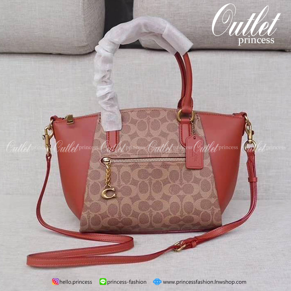 Coach Elise Satchel In Signature Canvas Product Details Signature coated canvas and refined calf leather Inside zip and snap pockets Zip-top closure, fabric lining Handles with 4 1/2" drop Outside zip pocket