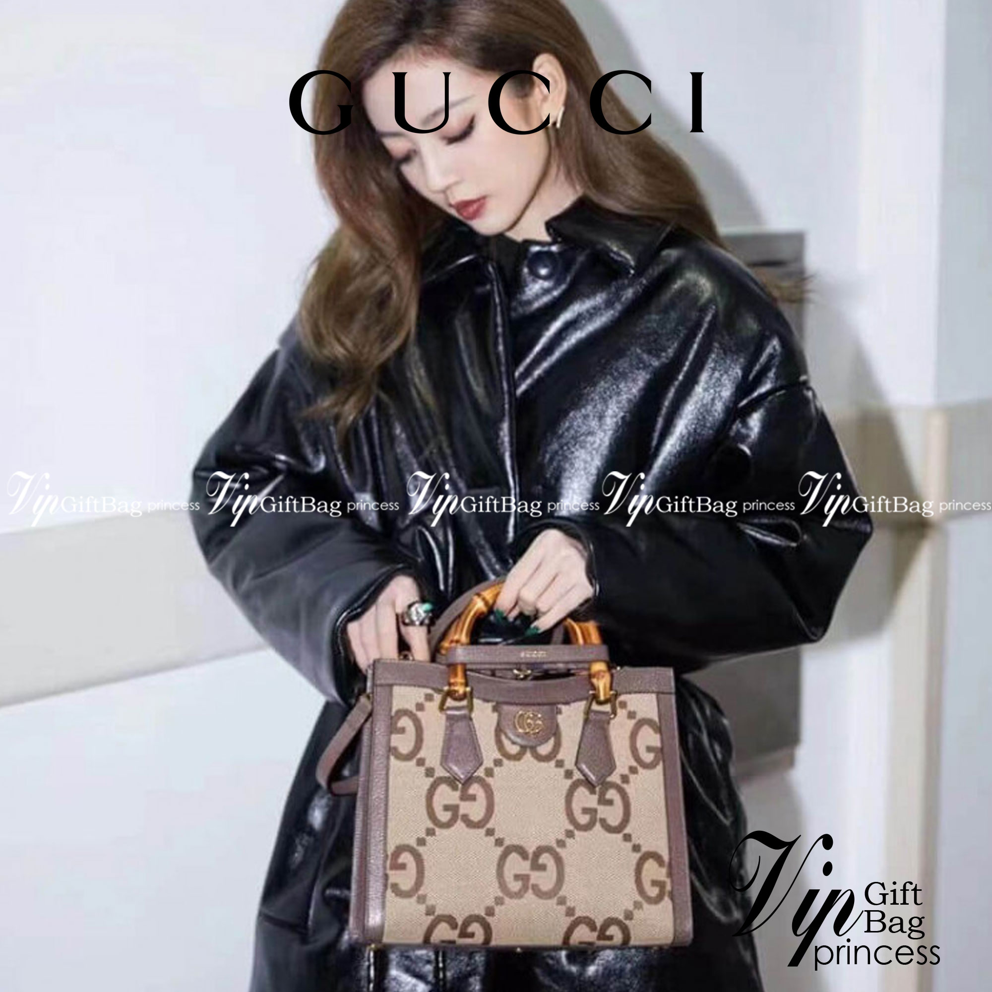 หนังแท้ Gucci Diana jumbo GG small tote bag 27cm พร้อมส่งที่ไทย Brown Camel and ebony jumbo GG canvas ภาพสินค้าถ่ายจากงานขายจริง ใช้งานต่างประเทศได้ค่ะ