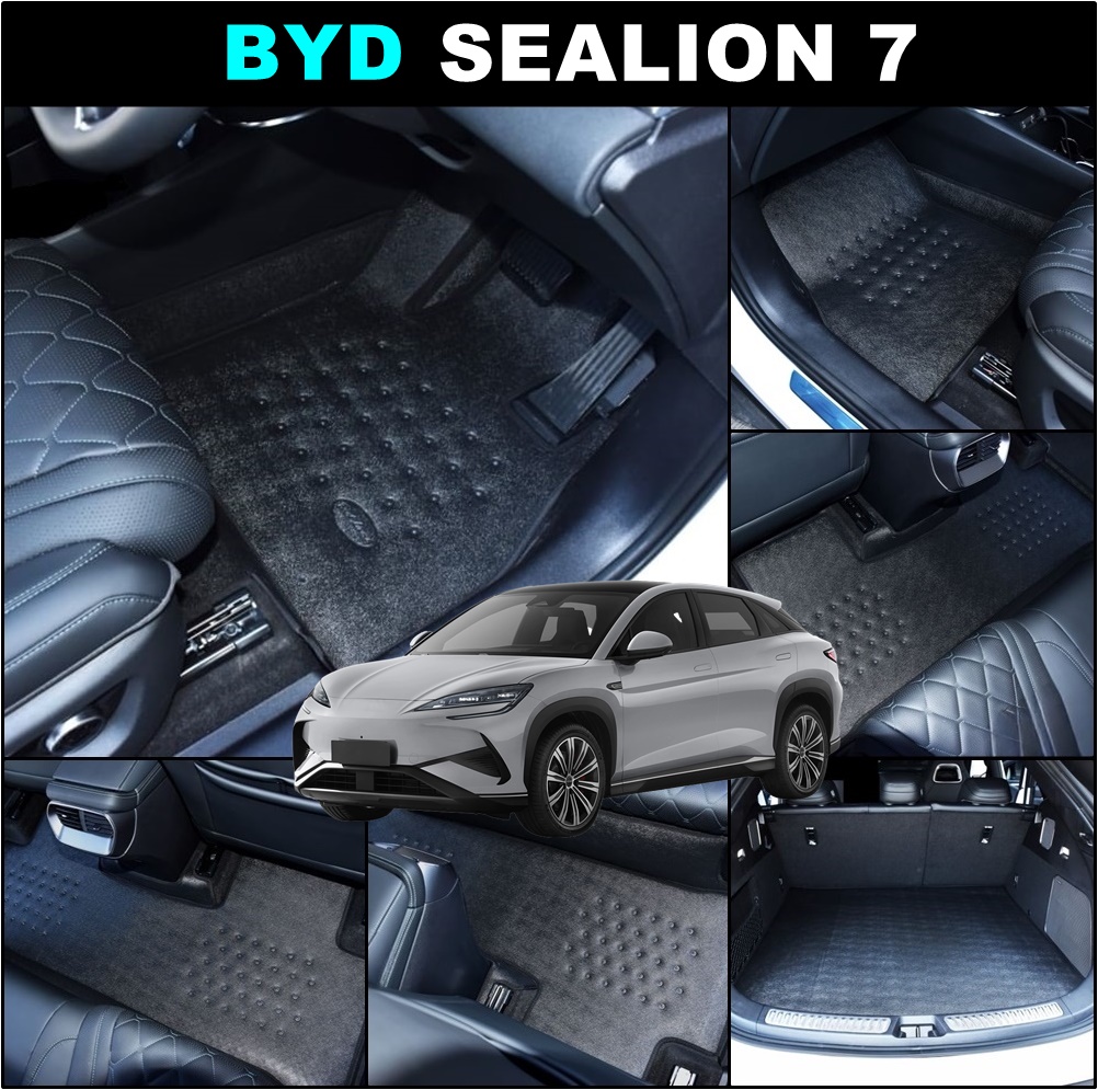 ยางปูพื้นรถยนต์ BYD SEALION 7 พรมลายหนังเรียบ บีวายดี ซีไลอ้อน เข้ารูป สีดำ ตรงรุ่น เต็มคัน