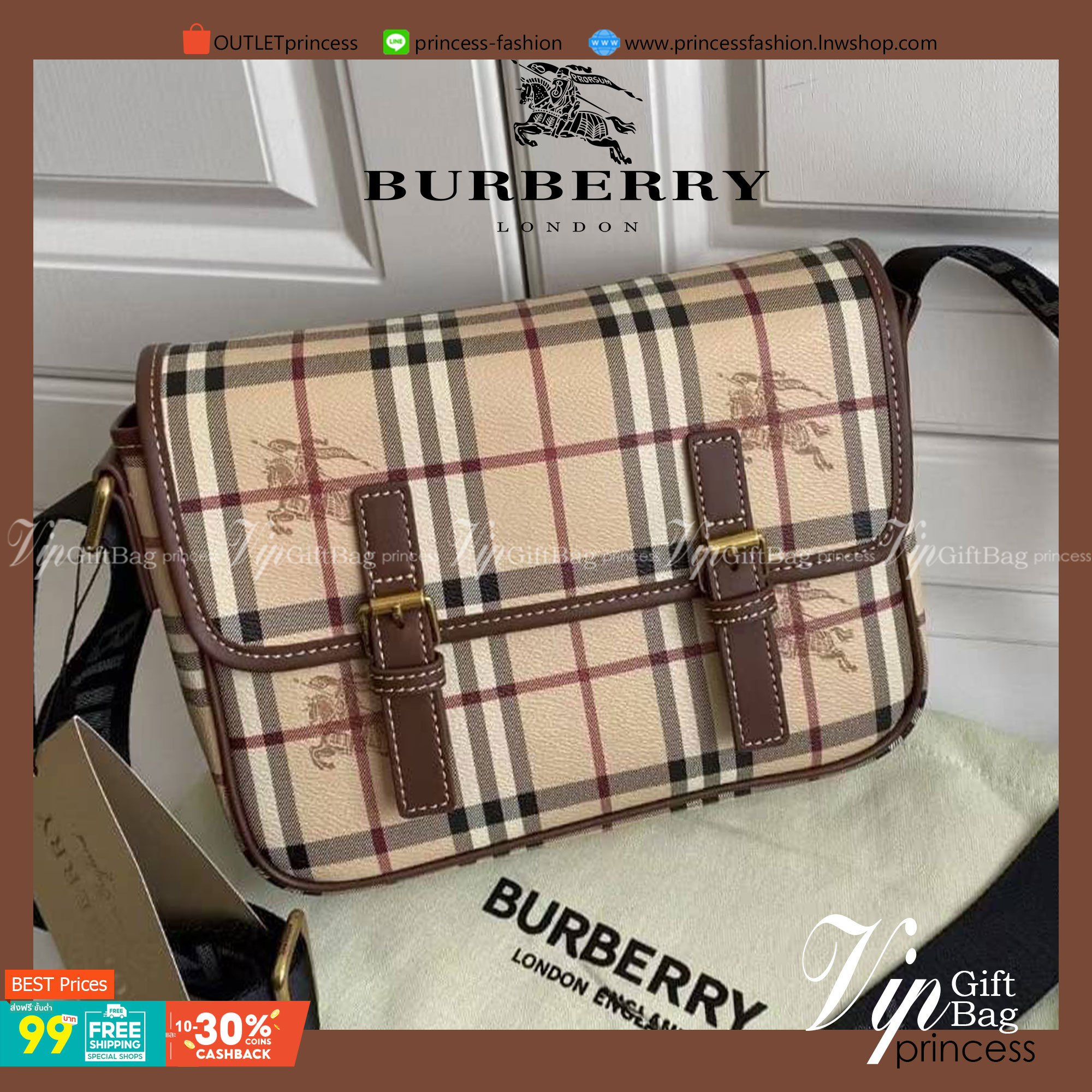 BURBERRY MESSENGER VINTAGE BAG VIP GIFT WITH PURCHASE (GWP) พรีเมี่ยมกิ๊ฟ Limited Edition จาก BURBERRY วัสดุหนังทั้งใบลายวินเทจ ตกแต่งคาดเข็มขัดด้านหน้า เปิดปิดด้วยกระดุมแม่เหล็ก ภายในมีช่องใส่ของโล่งกว้าง สามารถใส่มือถือ ipad mini ของจุกจิกได้ อะไหล่แบรน