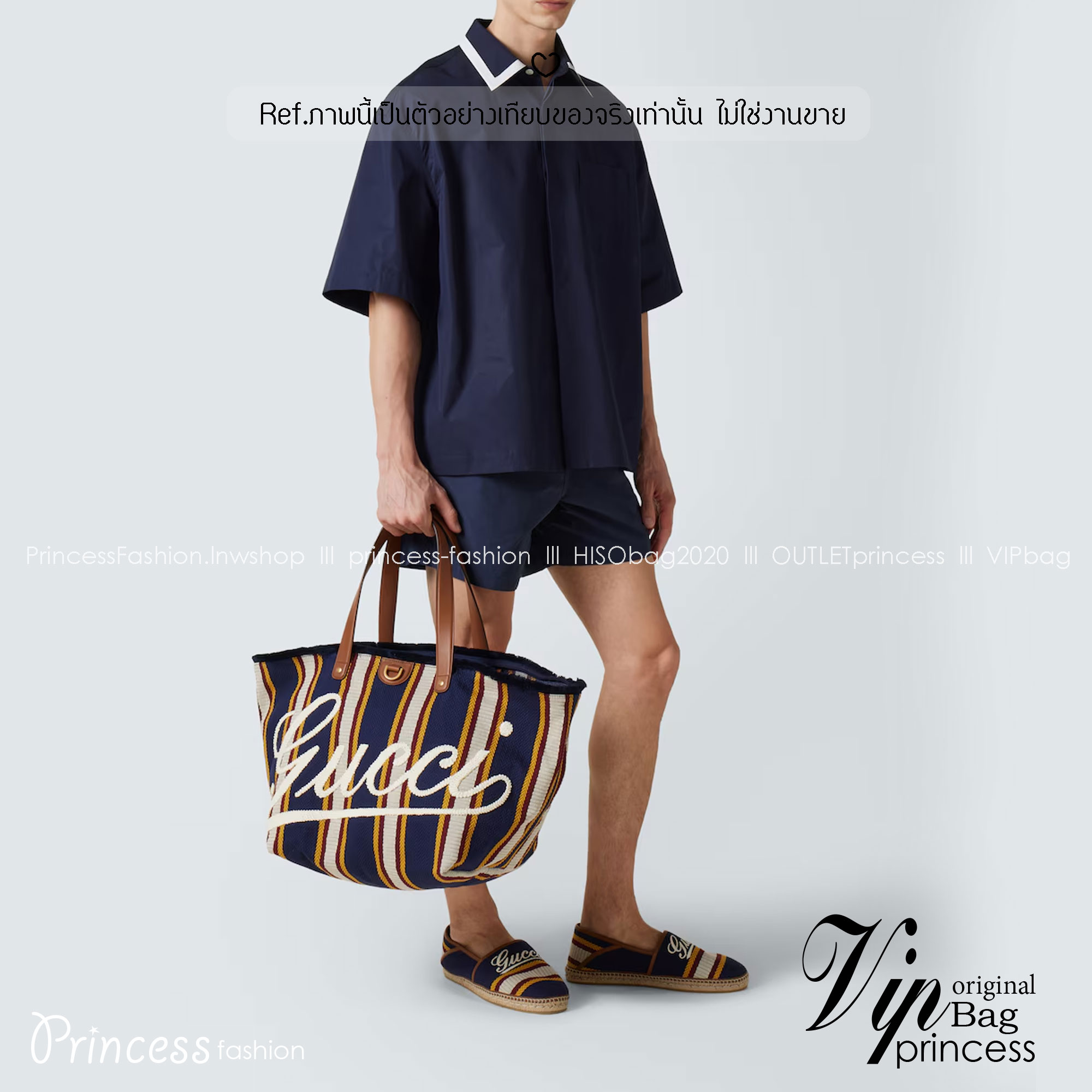 Gucci Embroidered large canvas tote bag Variation multicolor canvas กระเป๋าสะพายทรงโท้ทใบใหญ่ โดดเด่นผ้าแคนวาสฝ้ายลายทางสะดุดตา ตกแต่งด้วยงานปักลาย Gucci ด้านหน้า คอลเลคชั่นฤดูใบไม้ผลิ/ฤดูร้อน 2025