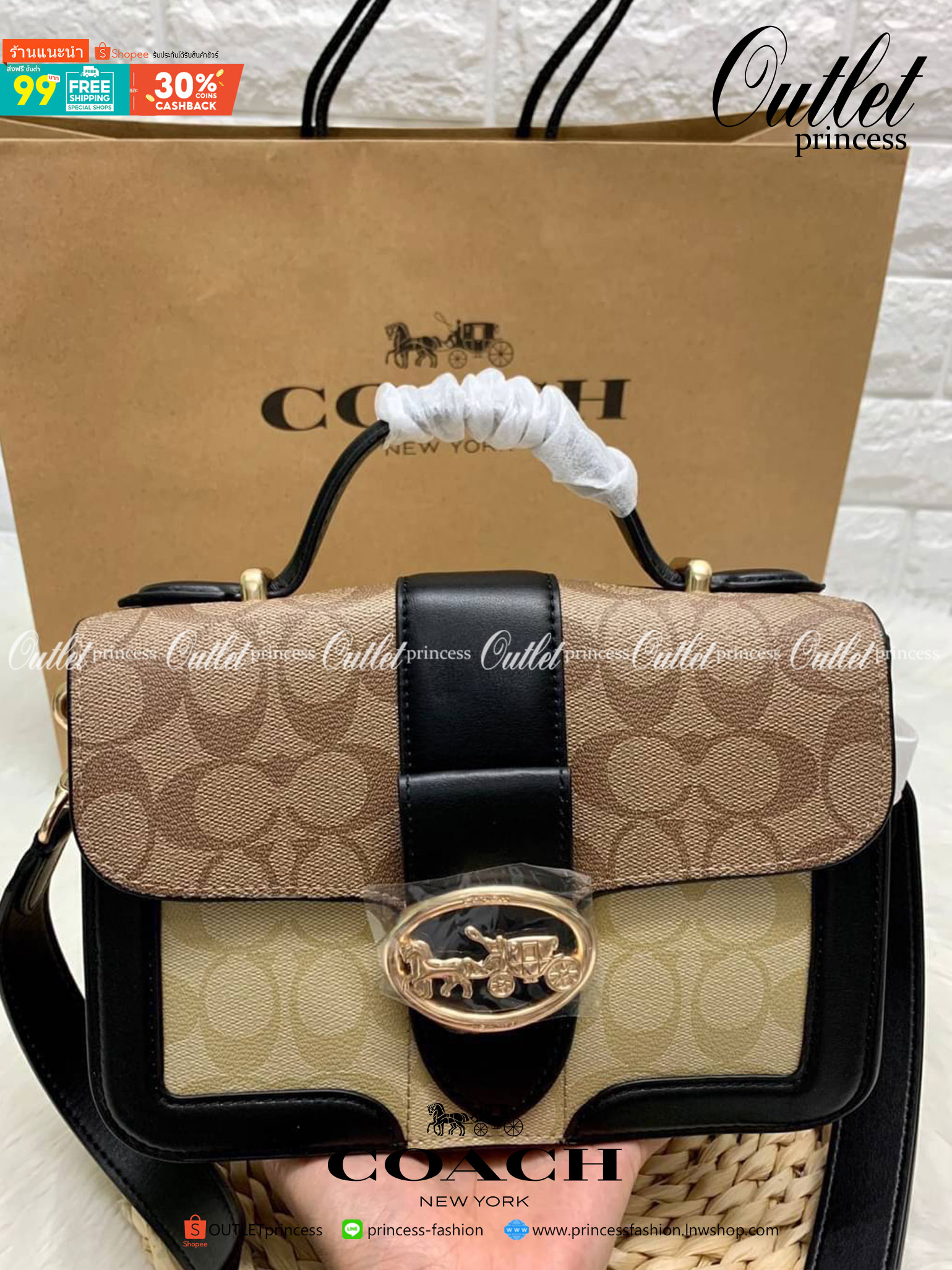 COACH SMALL GEORGIE TOP HANDLE IN BLOCKED SIGNATURE CANVAS ((6504//0468//6192//6015)) compact body portable shoulder bag 🌈ห้ามพลาด รุ่นแนะนำค่าา! พร้อมส่งทันที! กระเป๋าหิ้ว//สะพายข้างได้ วัสดุหนังแท้ 🔺หนึ่งใบทำลายหนังผสมกัน3แบบได้ลงตัวสวยง