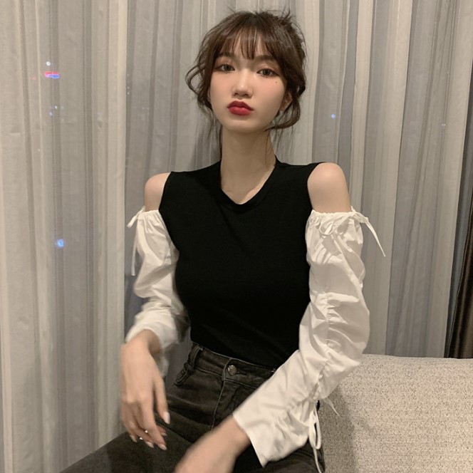 พร้อมส่ง 🐻Contrast shirt เสื้อเปิดไหล่ (IN31515)