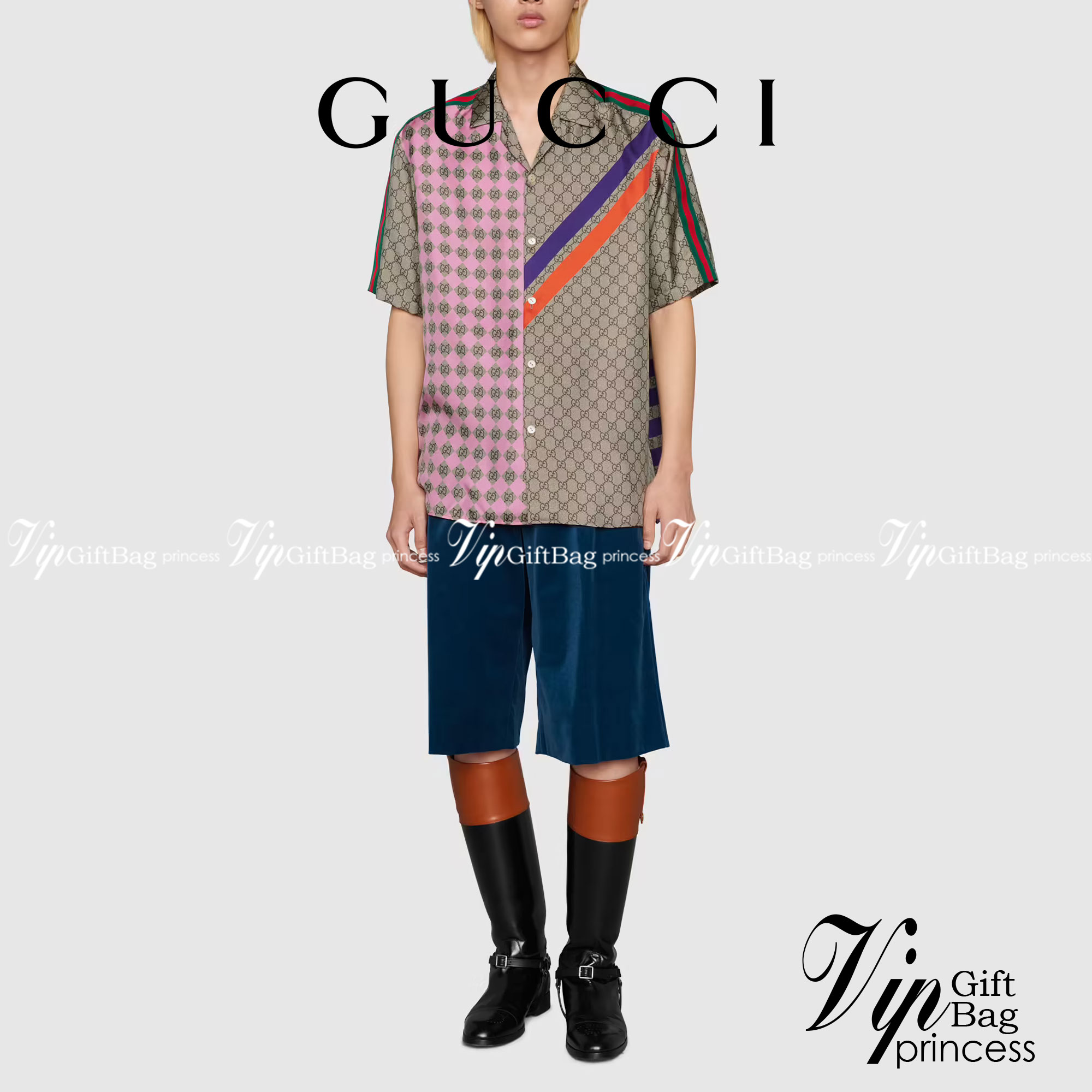 Gucci Geometric GG print bowling shirt Multicolor geometric GG print silk twill / Gucci Men's Shirts / Gucci Shirts งานเกรดออริจินอล พิมพ์ลายคมชัด มีป้ายแท็กที่คอเสื้อทุกตัว พร้อมส่งที่ไทย ภาพสินค้าถ่ายจากงานขายจริง ใช้งานต่างประเทศได้