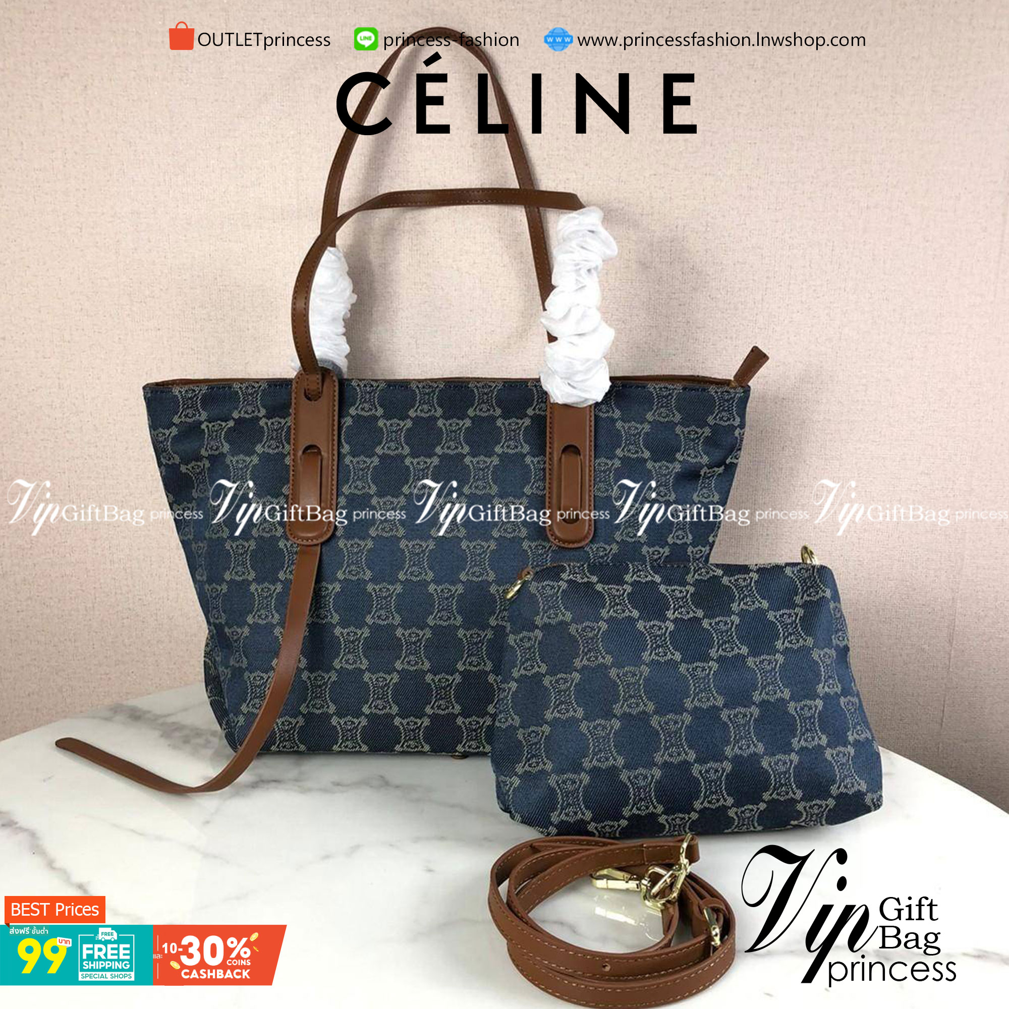 กระเป๋าสะพาย CELINE ซื้อ 1 ได้ถึง 2 ชิ้น เปิด - ปิดกระเป๋าด้วยซิป ด้านในโล่งกว้าง มีช่องซิป 1 ช่อง หูจับสูง 26 cm แถมกระเป๋าใบเล็กอีก 1 ใบ เปิด - ปิดด้วยซิป มาพร้อมสายสะพาย สามารถถอดและปรับได้ 3 ระดับค่ะ