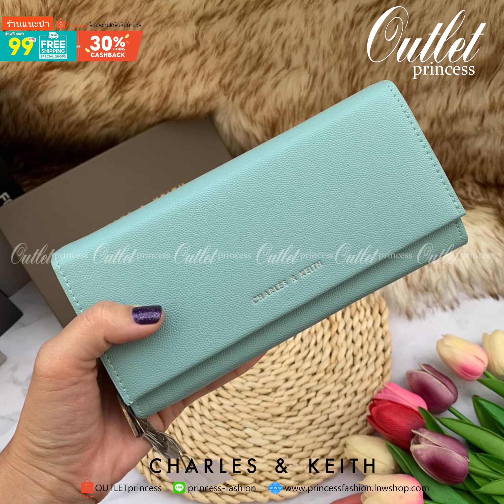 ของแท้ 💯% CHARLES & KEITH METAL TASSEL CLASSIC LONG WALLET กระเป๋าเงินใบยาวรุ่นพู่ยอดฮิต!! หนังพิมพ์ลายคาร์เวียร์ใช้ทน ด้านหลังมีช่องใส่บัตร/แบงค์ได้
