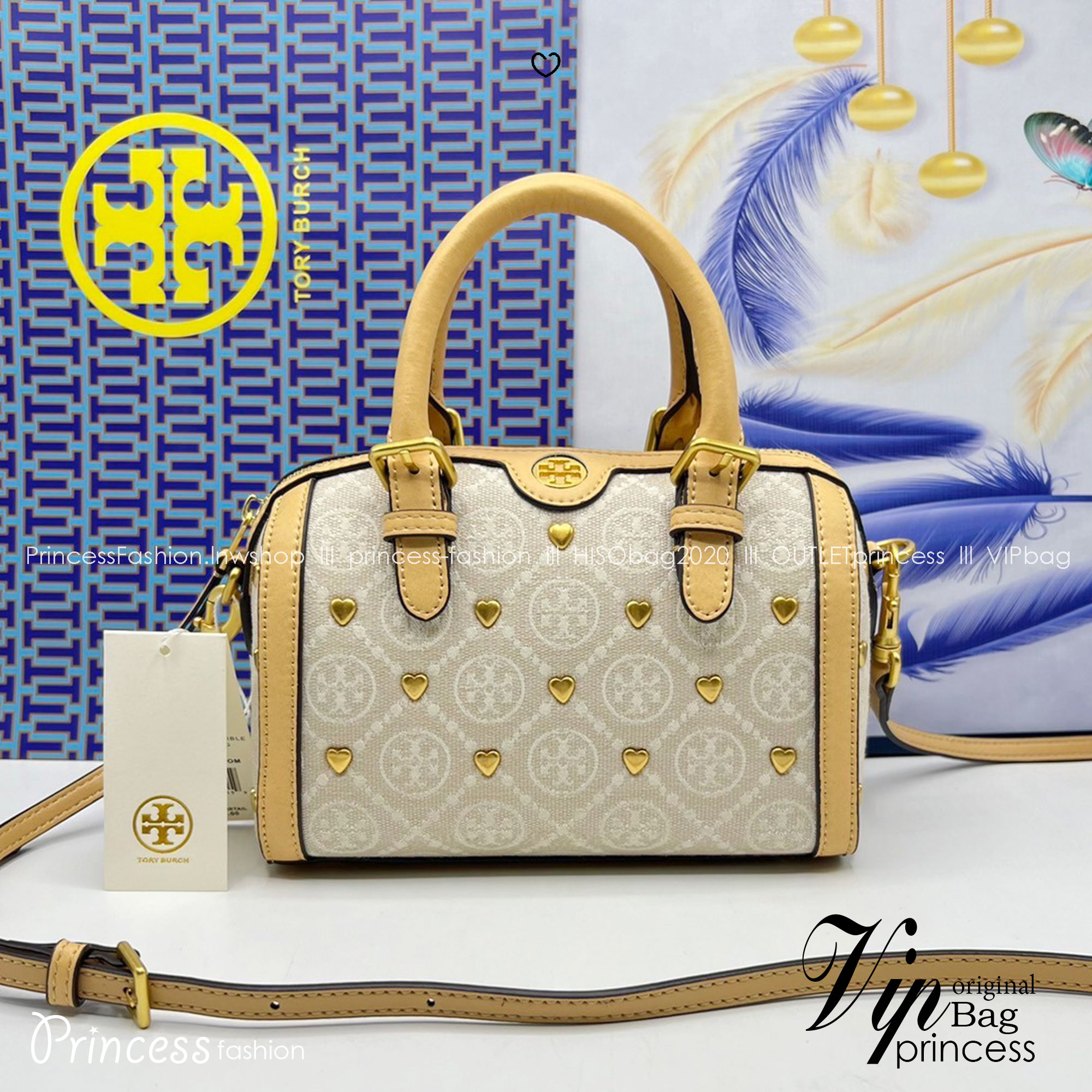 TORY BURCH T MONOGRAM Mini Jacquard Wine Barrel Bag ivory multi heart shape / Tory Boston Bag กระเป๋าทรงหมอนบอสตั้นแต่งหัวใจสีทองสวยหรู น่ารักรุ่นใหม่ล่าสุด เกรดท็อปออริ เทียบแท้ 1:1 เกรดดีสุด ใช้งานต่างประเทศได้