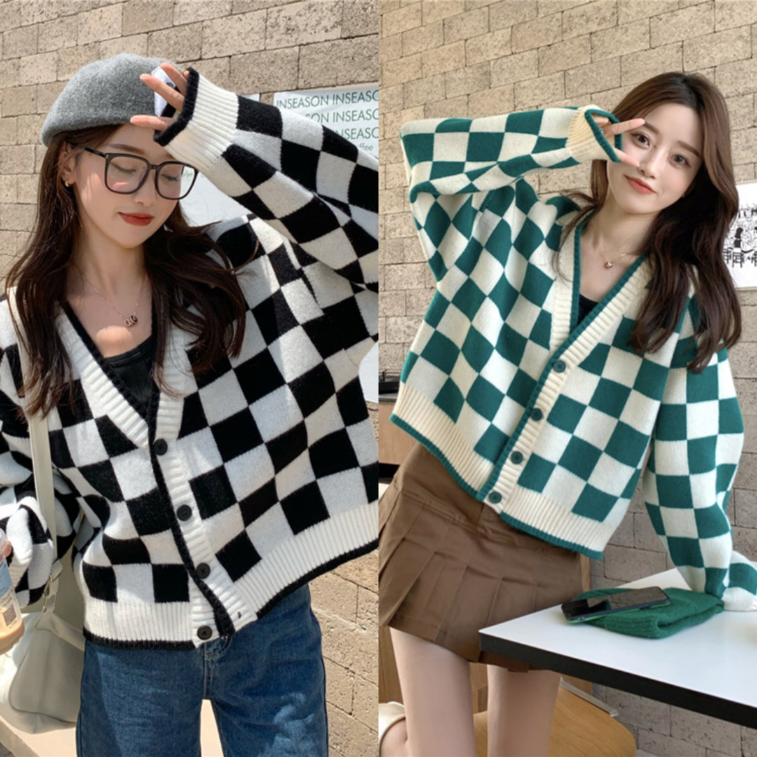 พร้อมส่ง 🚆🧩 Wakup sweater เสื้อไหมพรมแขนยาวลายตาราง (IN35951)