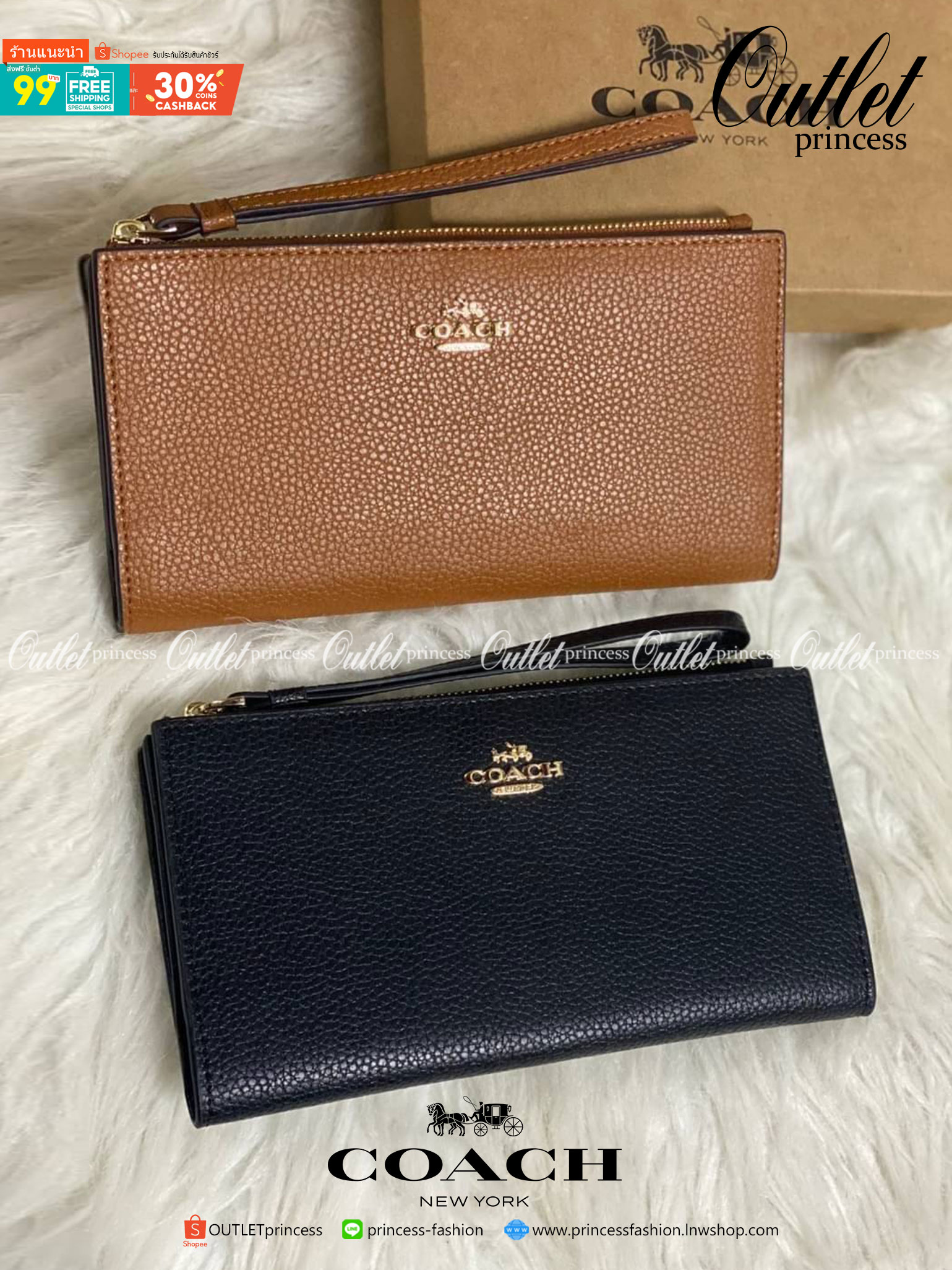 COACH 73156 Pebbled Leather Long Wallet พร้อมส่งสีดำ สีน้ำตาล