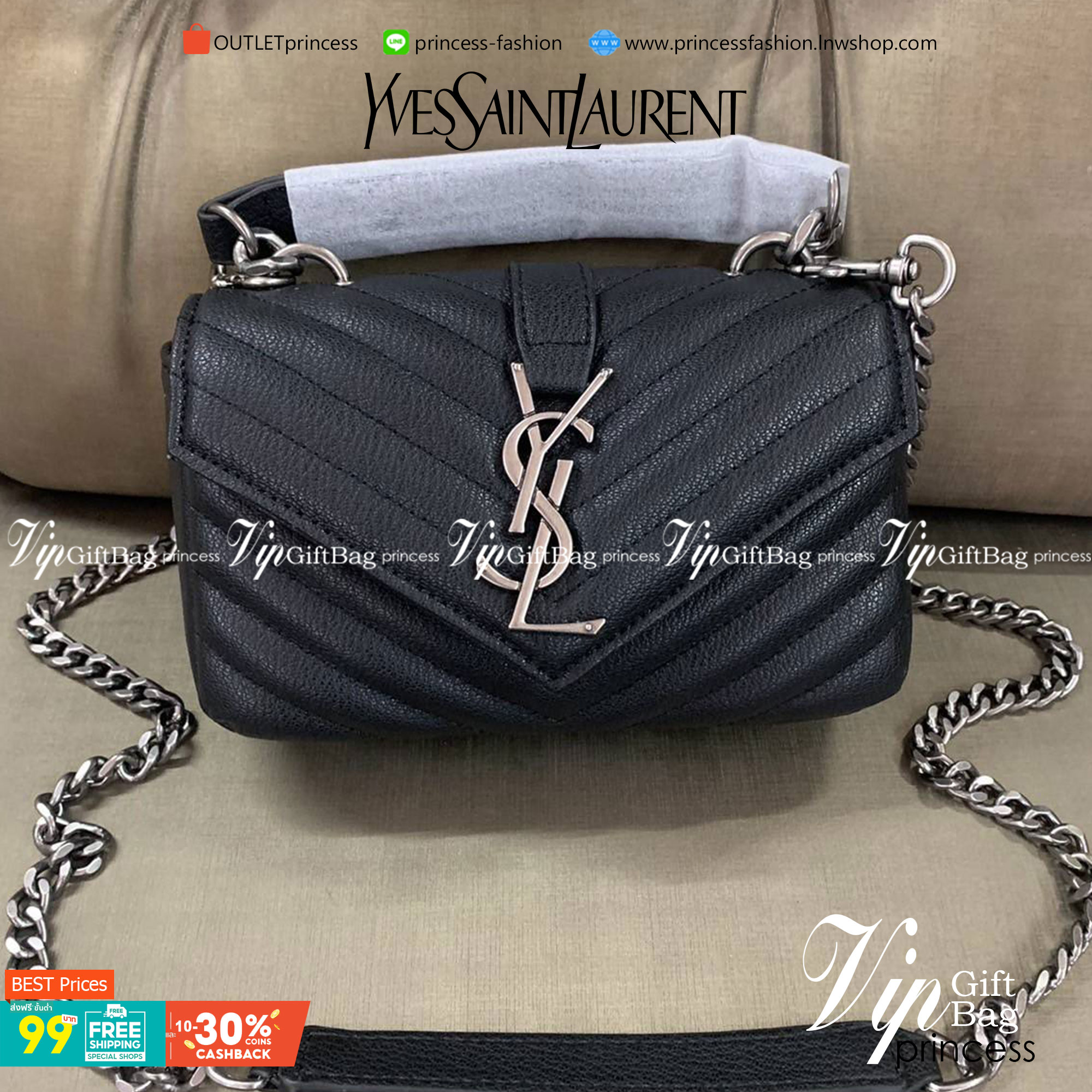 VIP 】SAINT LAURENT CLASSIC BABY COLLEGE MONOGRAM CHAIN BAG IN BLACK MATELASSE LEATHER VIP GIFT WITH PURCHASE (GWP) พรีเมี่ยมกิ้ฟ Limited Edition จาก YSL DUTY FREE COUNTER กระเป๋าสะพายรูปทรงน่ารัก ดีไซต์มาใหม่สำหรับสาวก SAINT LAURENT มีหูจับเกร๋ๆ ที่ด้านบน