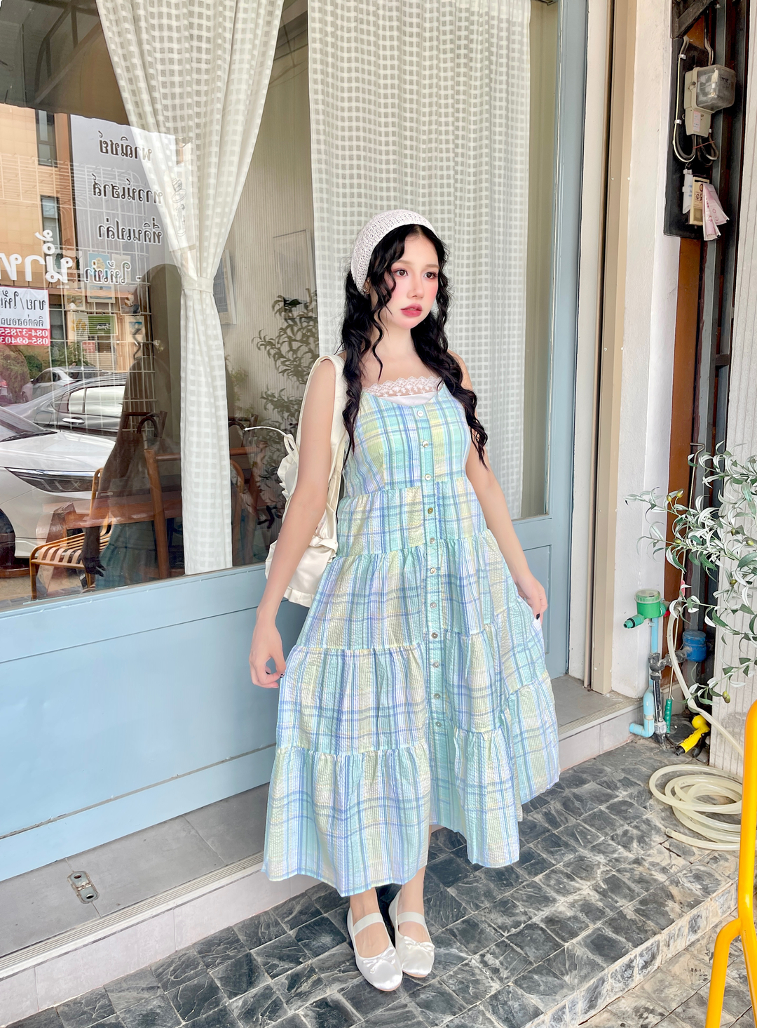 พร้อมส่ง 🧃⛱ Pastel gress dress เดรสสายเดี่ยวลายสก็อตสีเขียวหวานๆ (35393)